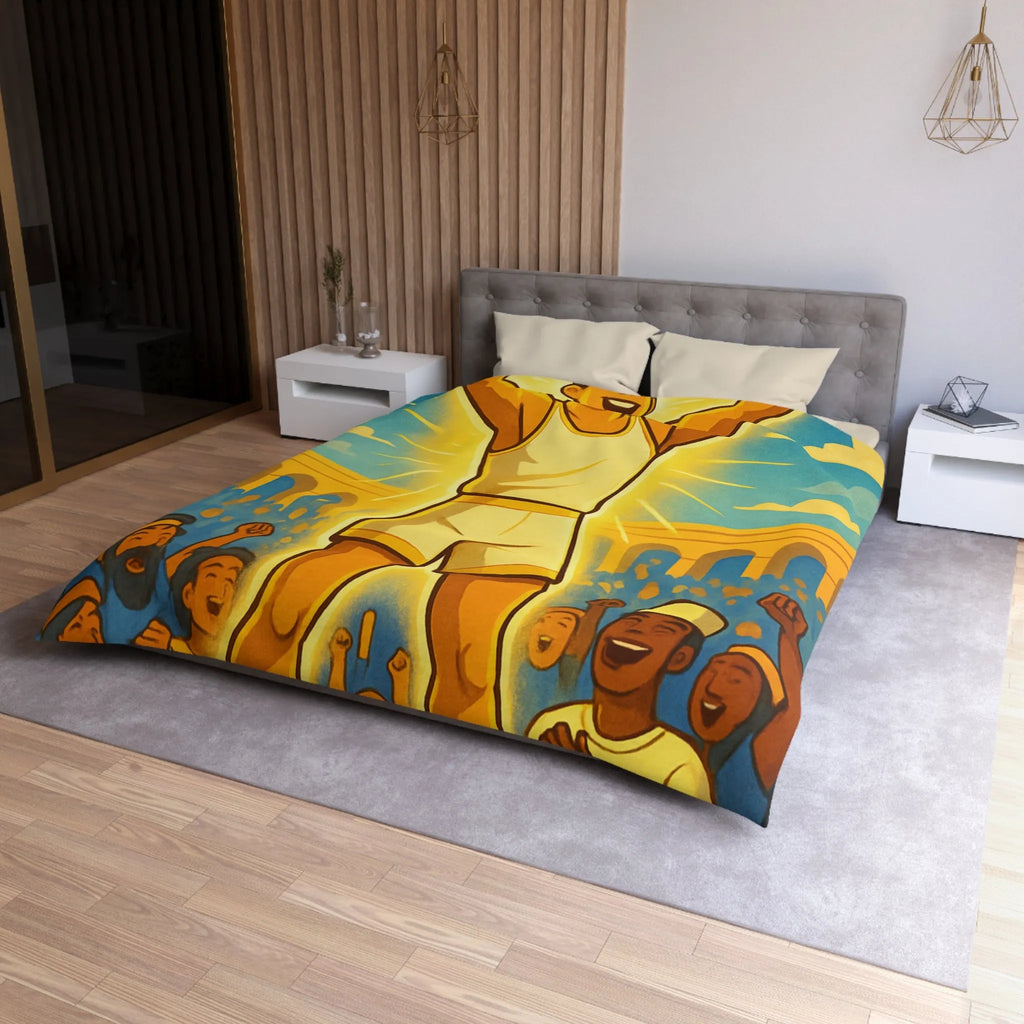 Housse de couette lumineuse avec athlète triomphant dans une arène ensoleillée vibrante