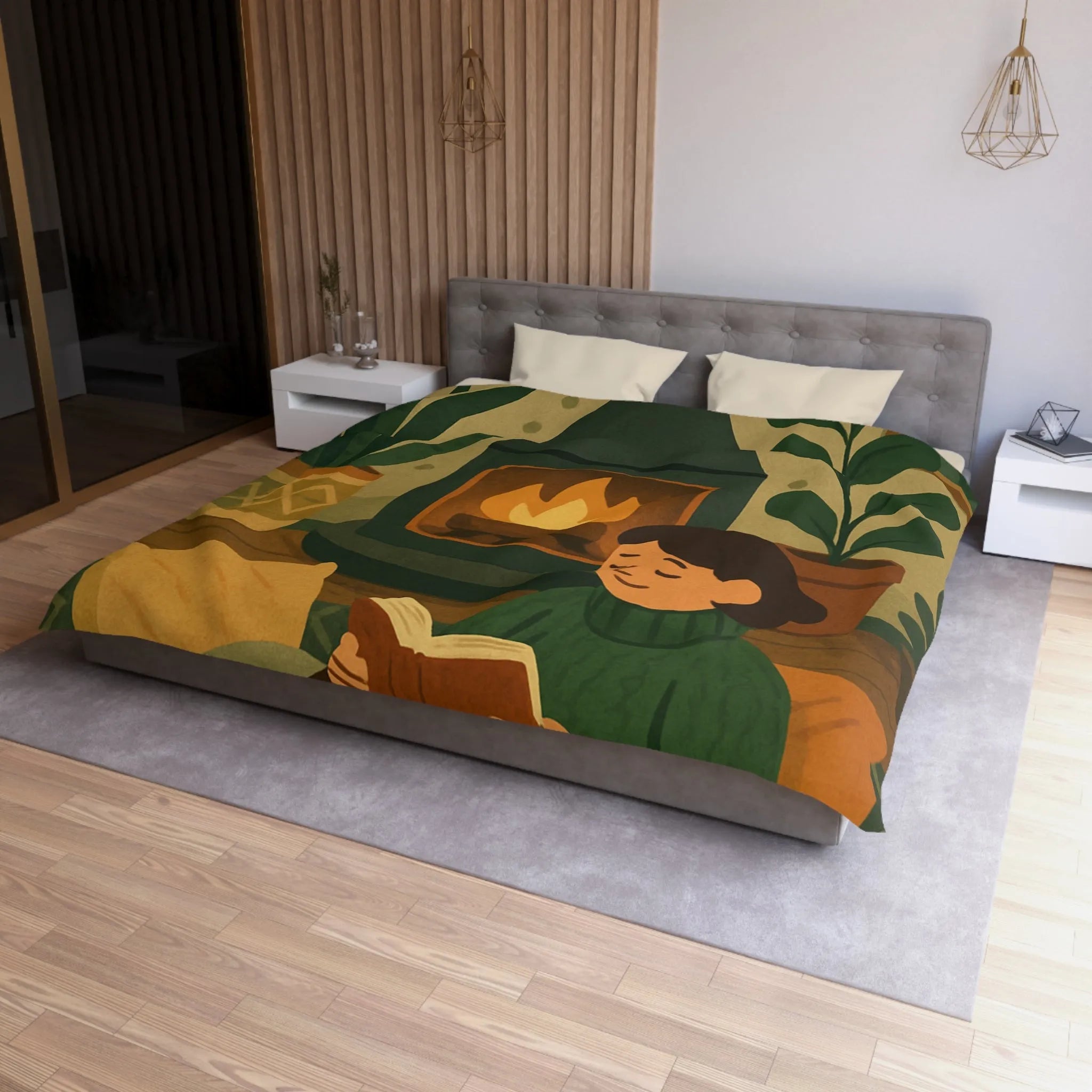 Housse de couette cosy avec cheminée et ambiance hygge, style scandinave relaxant