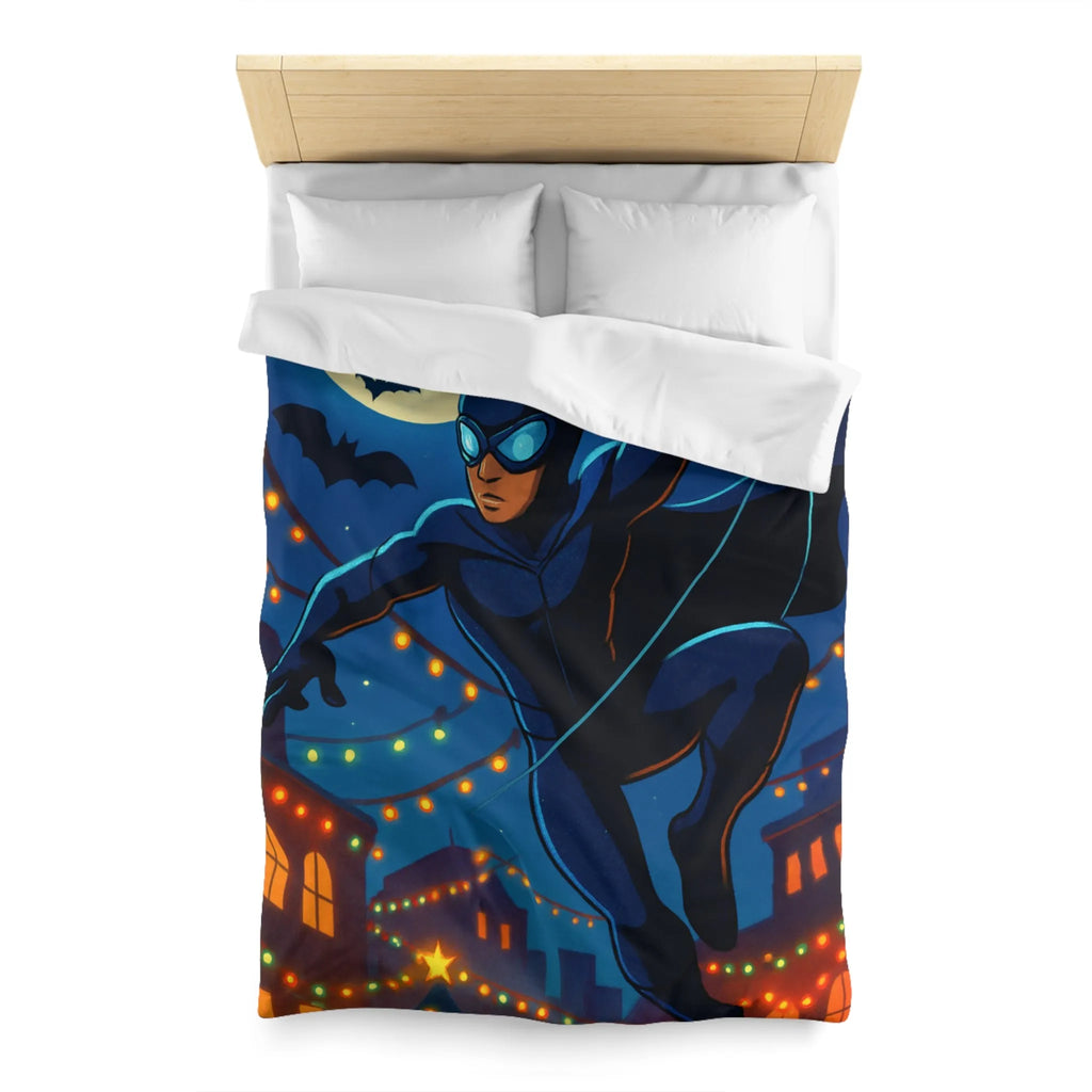 Housse de couette avec héros nocturne, ciel étoilé et décorations festives lumineuses