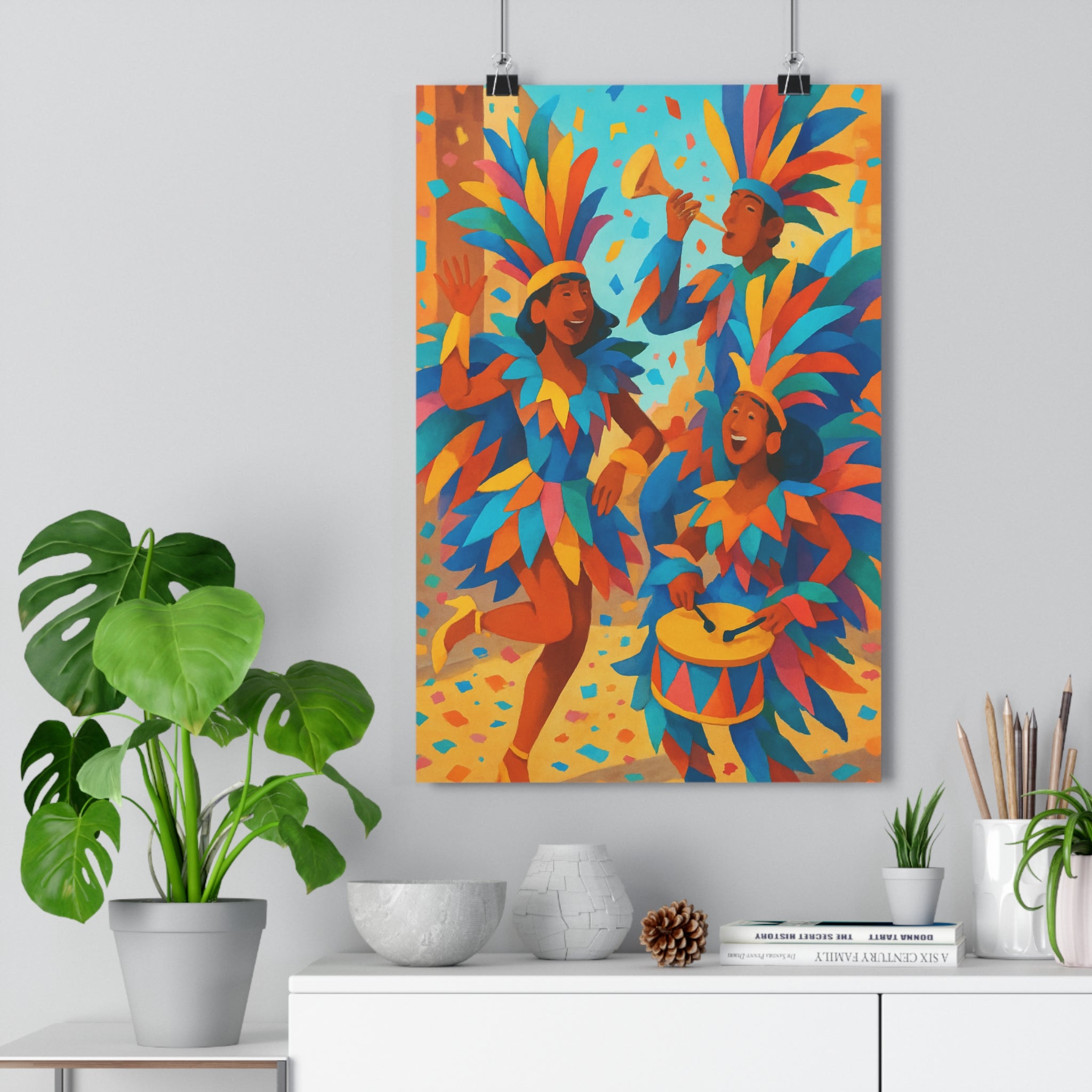 Poster décoratif festif coloré rouge jaune bleu vibrant personnages musique salon joyeux moderne dynamique