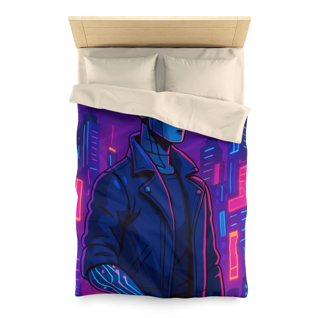 Housse de couette bleu nuit motif rétro-futuriste avec robot et gratte-ciel néon