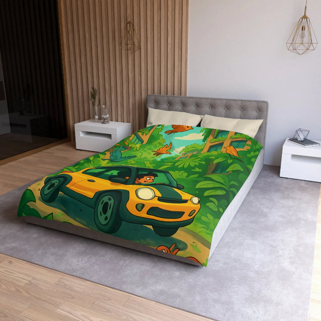 Housse de couette colorée avec voiture jaune et jungle luxuriante pour enfants aventureux