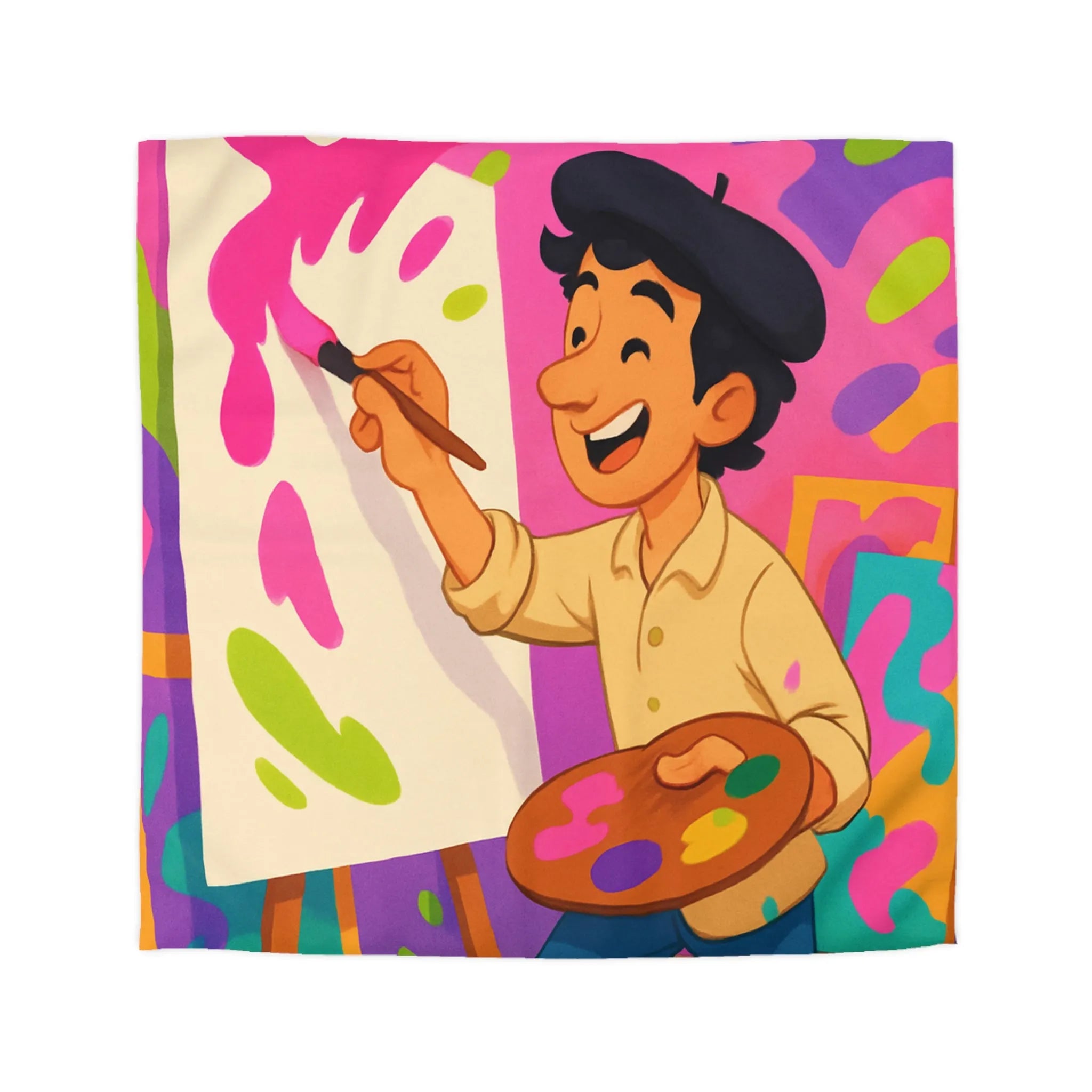 Housse de couette colorée avec artiste joyeux peignant des éclaboussures lumineuses abstraites