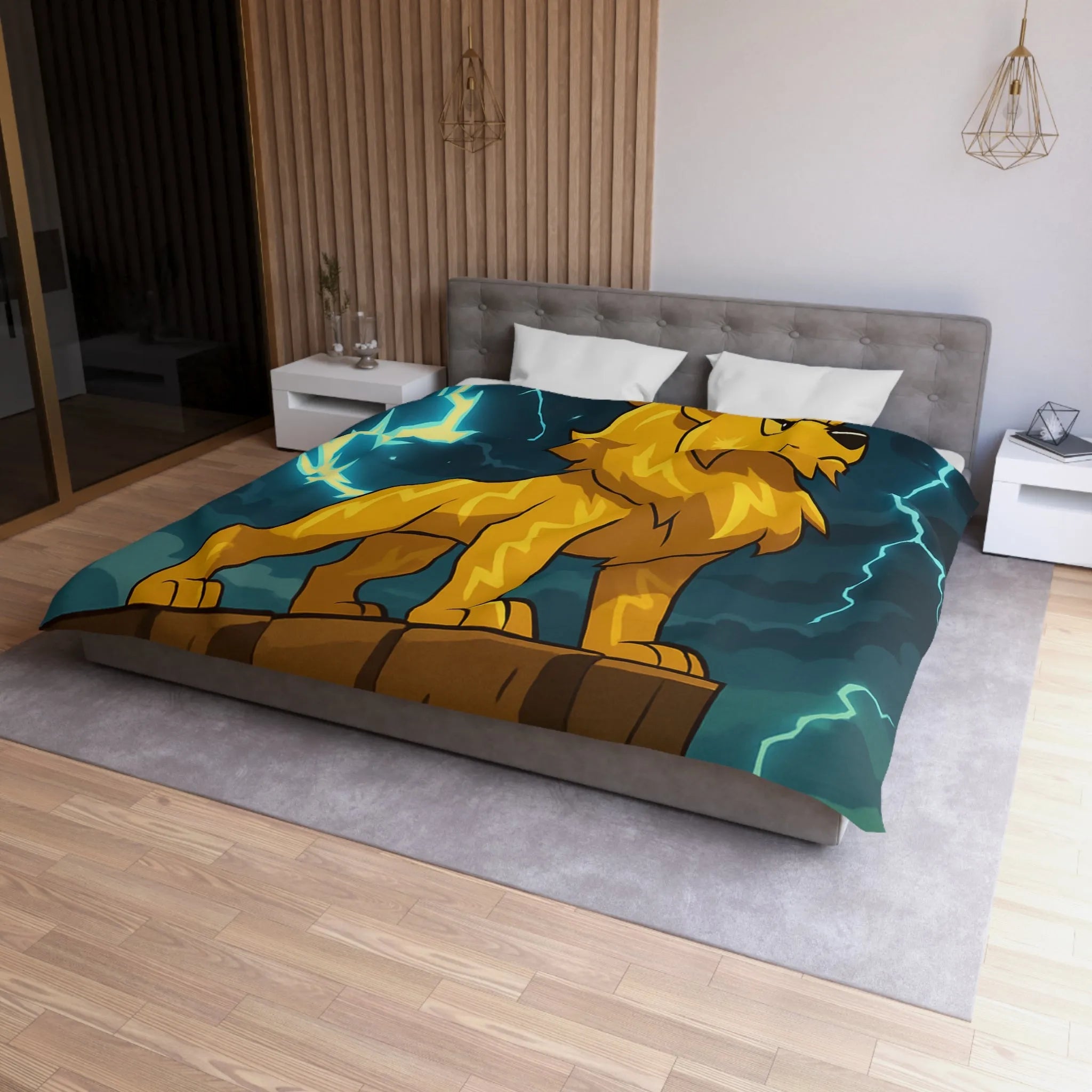 Housse de couette lion éclair lumineux, style animé, ambiance puissante, couleurs vibrantes