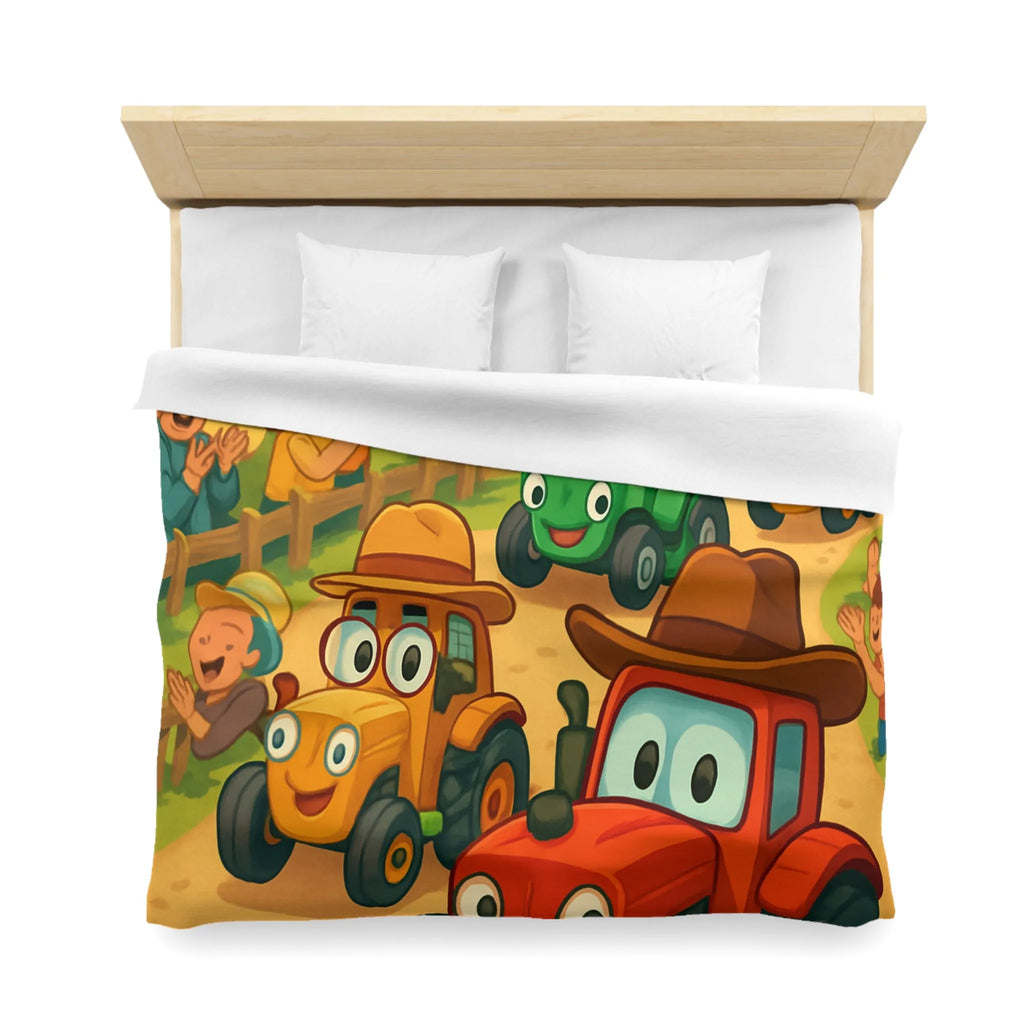 Housse de Couette Enfants Motif Tracteurs Souriants Champs Paysans Ensoleillés et Amusants