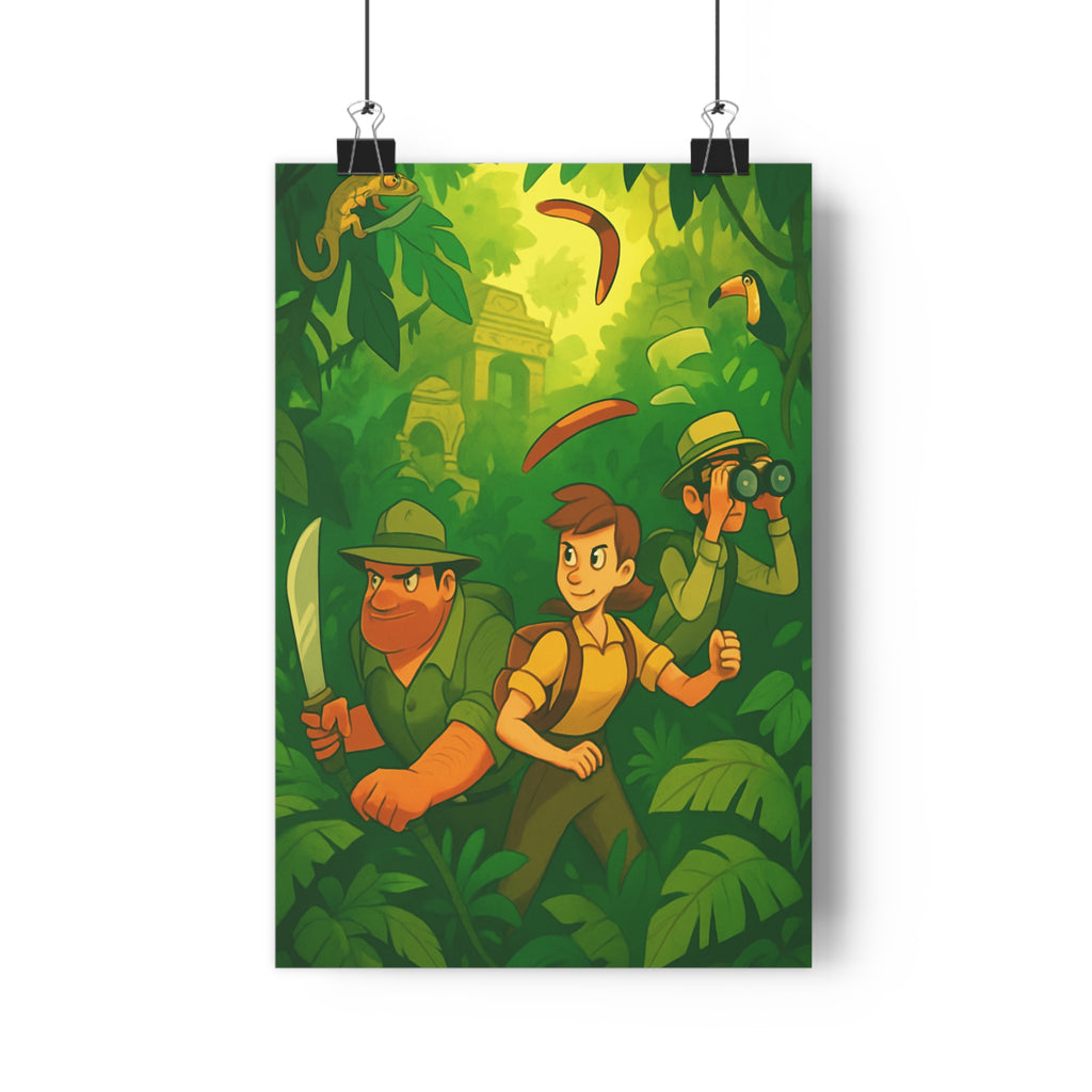 Poster décoratif aventure jungle explorateurs mystique enfant format 30x46 cm couleurs vives exotique ambiance