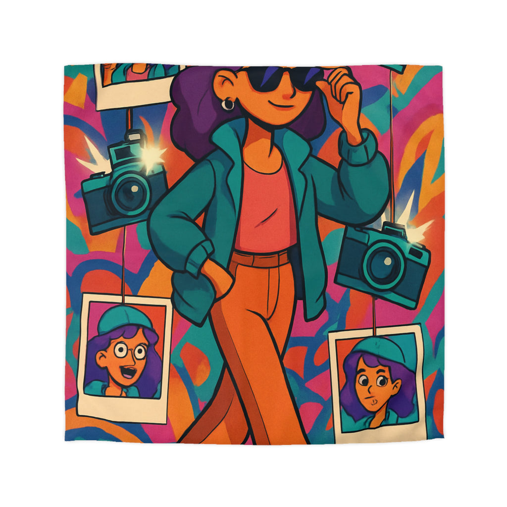 Housse de couette vivante avec personnage stylé marchant dans ambiance artistique colorée et ludique