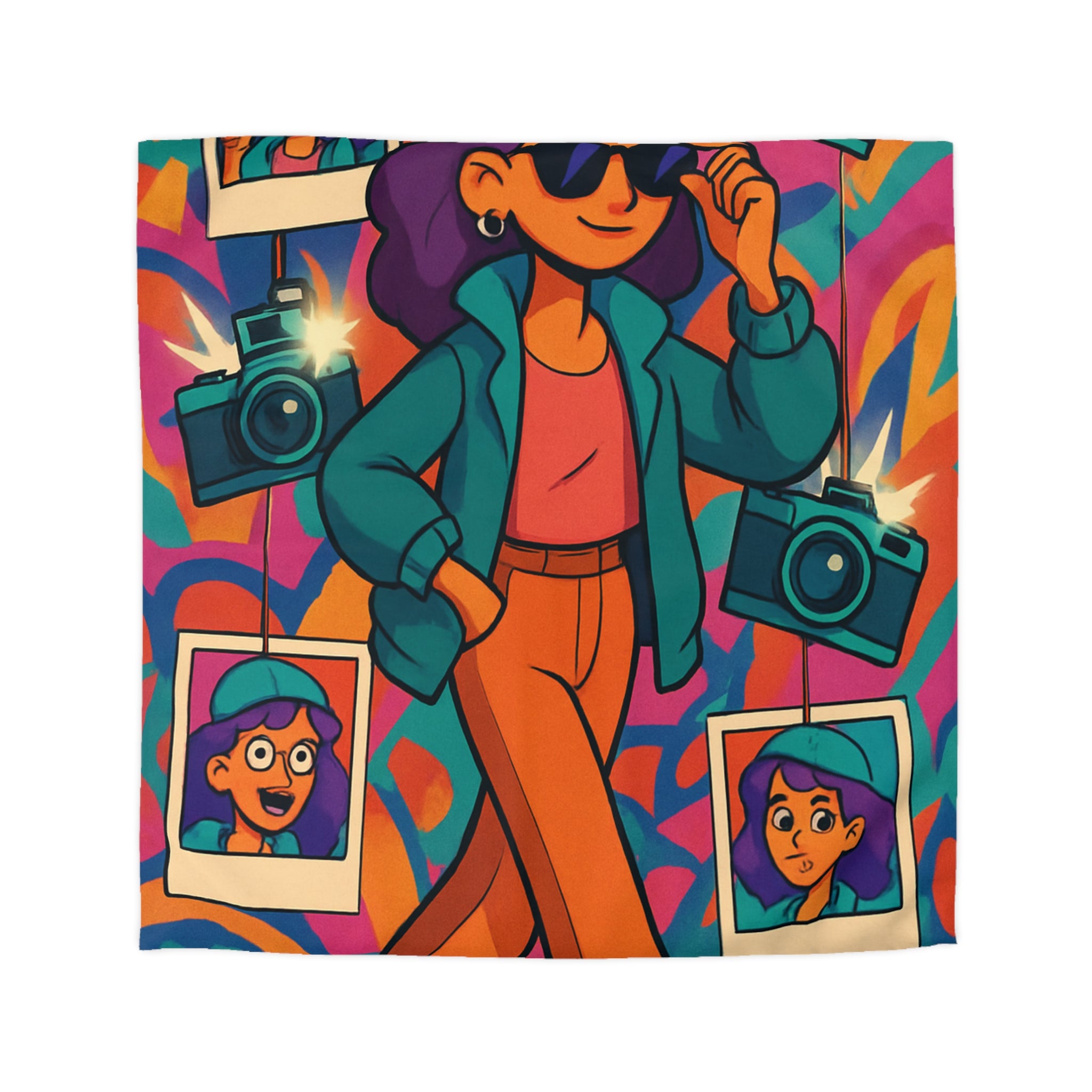 Housse de couette vivante avec personnage stylé marchant dans ambiance artistique colorée et ludique