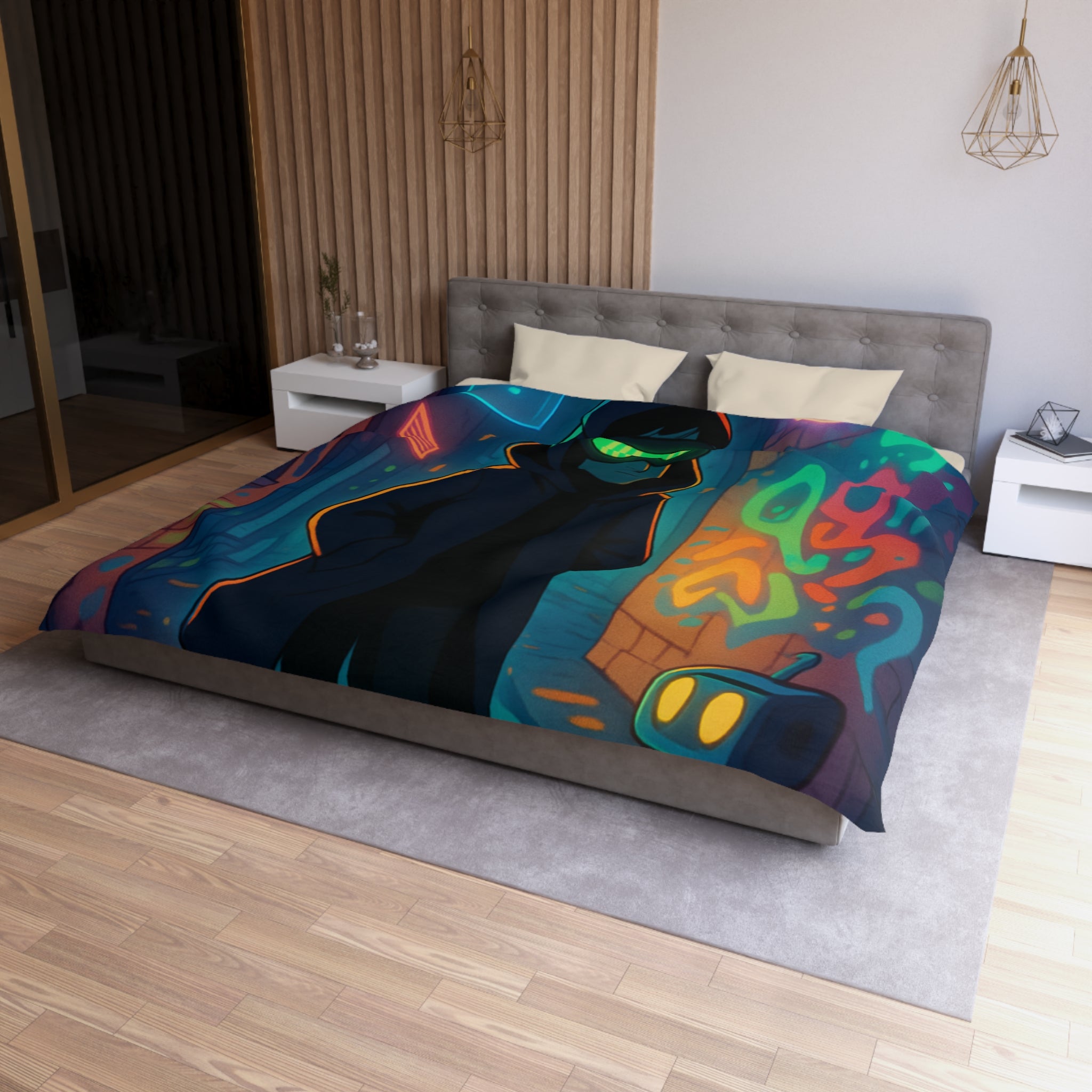 Housse de couette néon, ruelle urbaine cyberpunk avec technologie futuriste et graffitis colorés