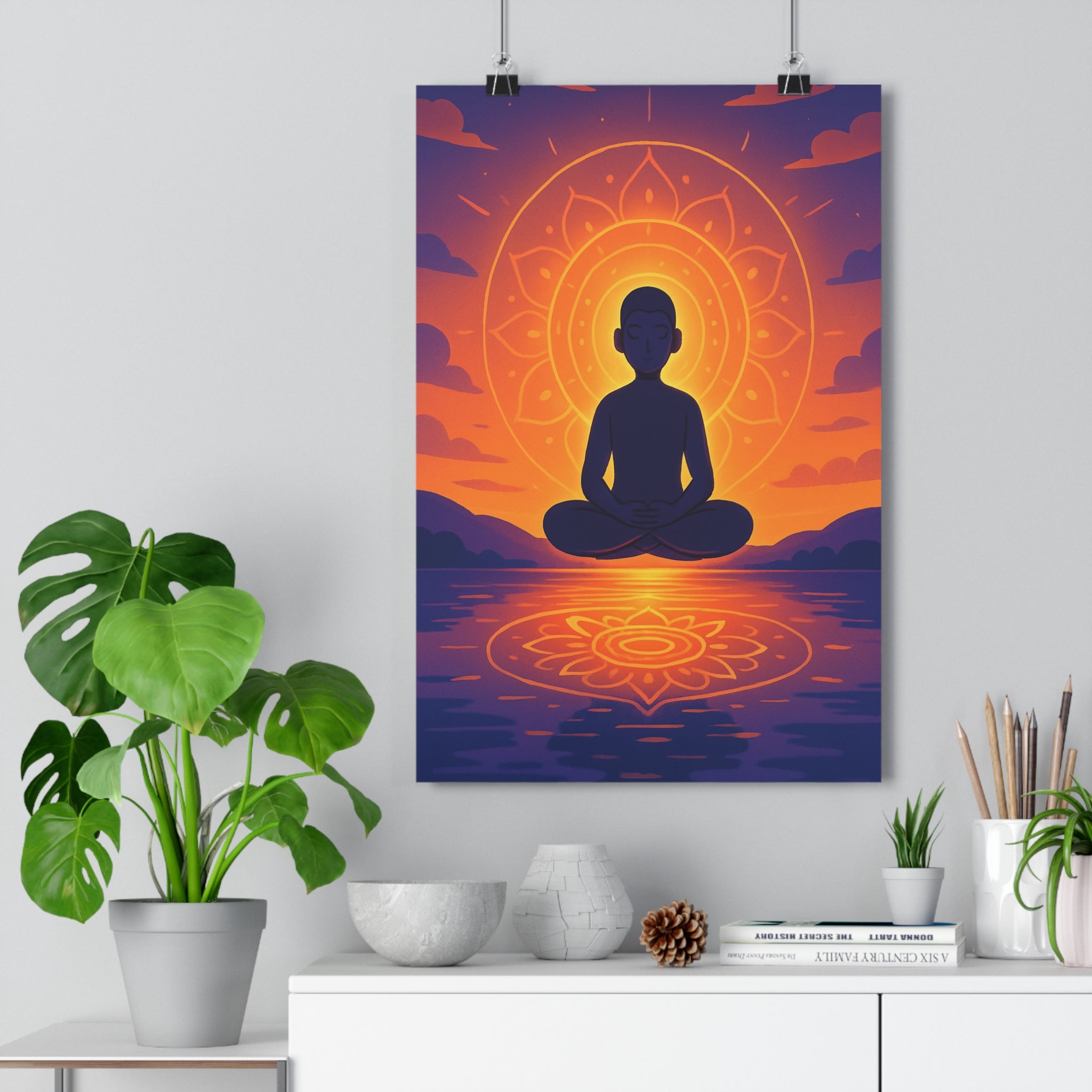 Poster décoratif méditation crépuscule orange violet silhouette mandala sérénité ambiance apaisante chambre salon bureau