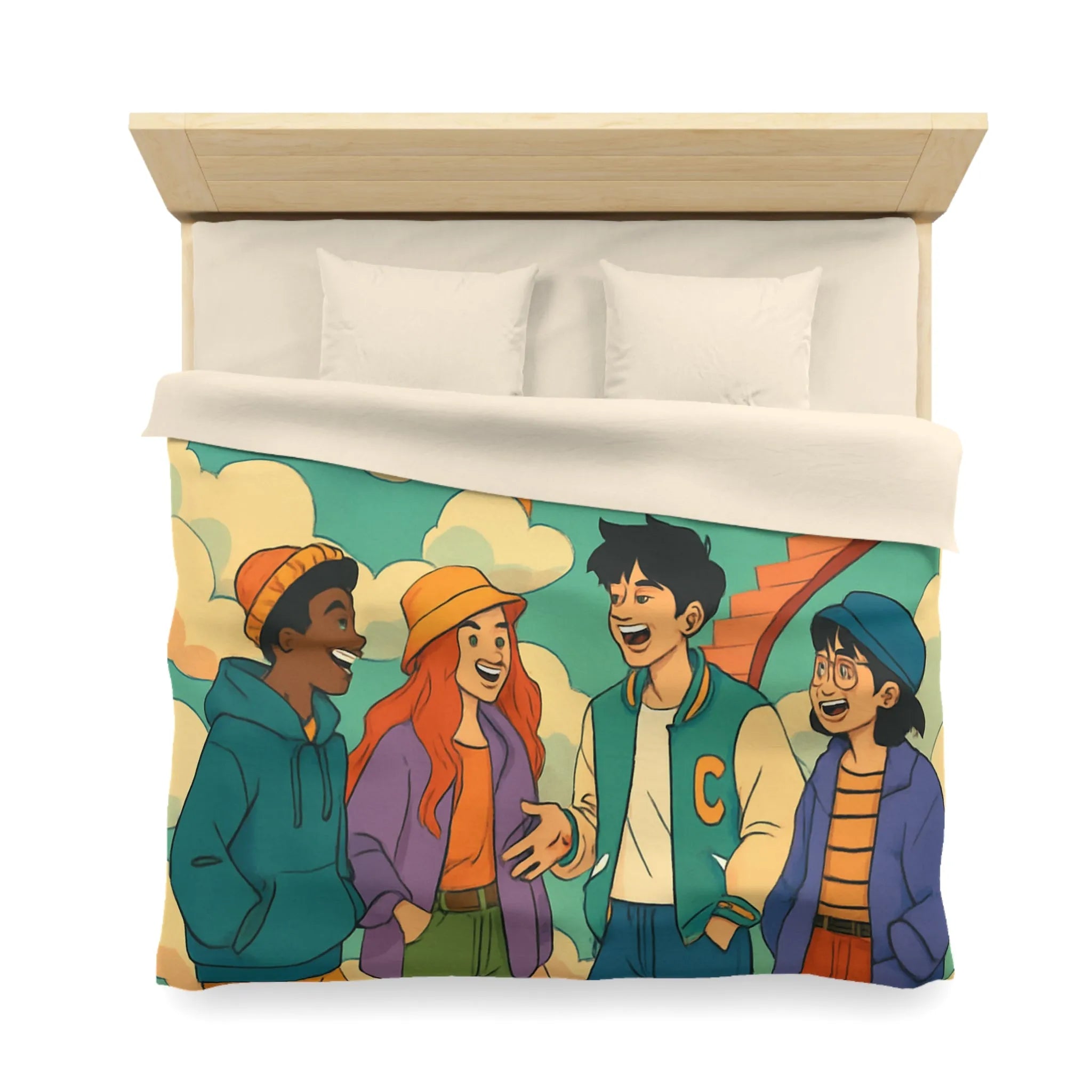 Housse de couette jeune amis rient sous escalier nuages horloge ciel bleu