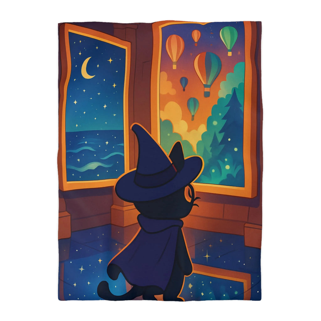 Housse de couette ambiance nocturne avec chat sorcier et paysages enchanteurs colorés