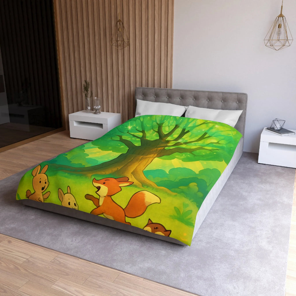 Charmante forêt enchantée avec animaux espiègles sous un majestueux arbre scintillant illustré