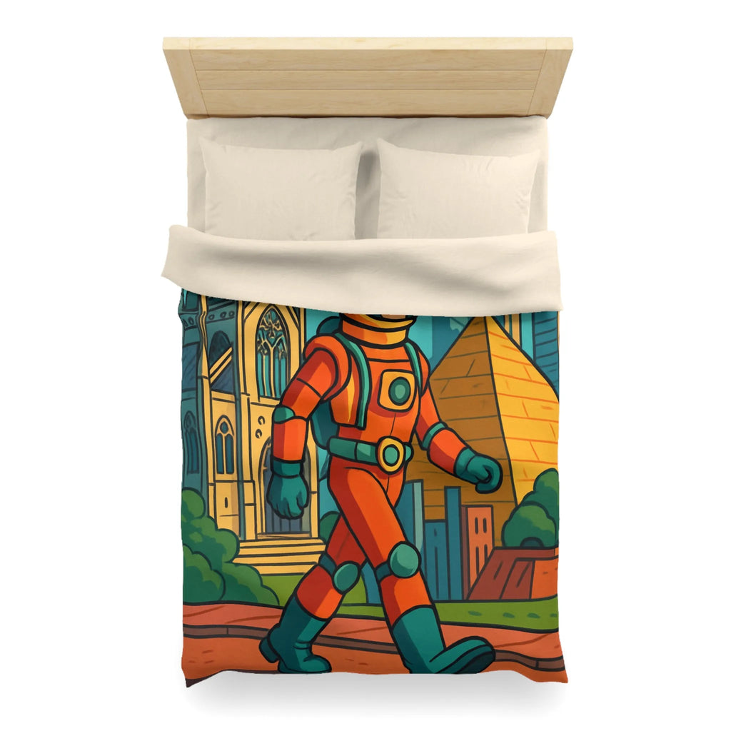 Housse de Couette Astronaute avec Paysages Urbains et Architecturaux, Couleurs Vives et Design Moderne