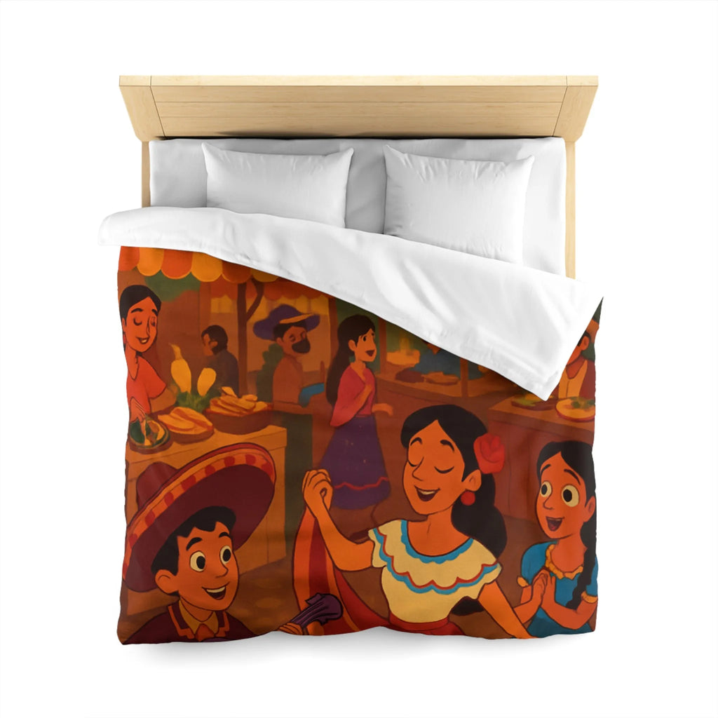 Housse de Couette Illustrée avec Scène Festive Colorée du Marché Nocturne Traditionnel