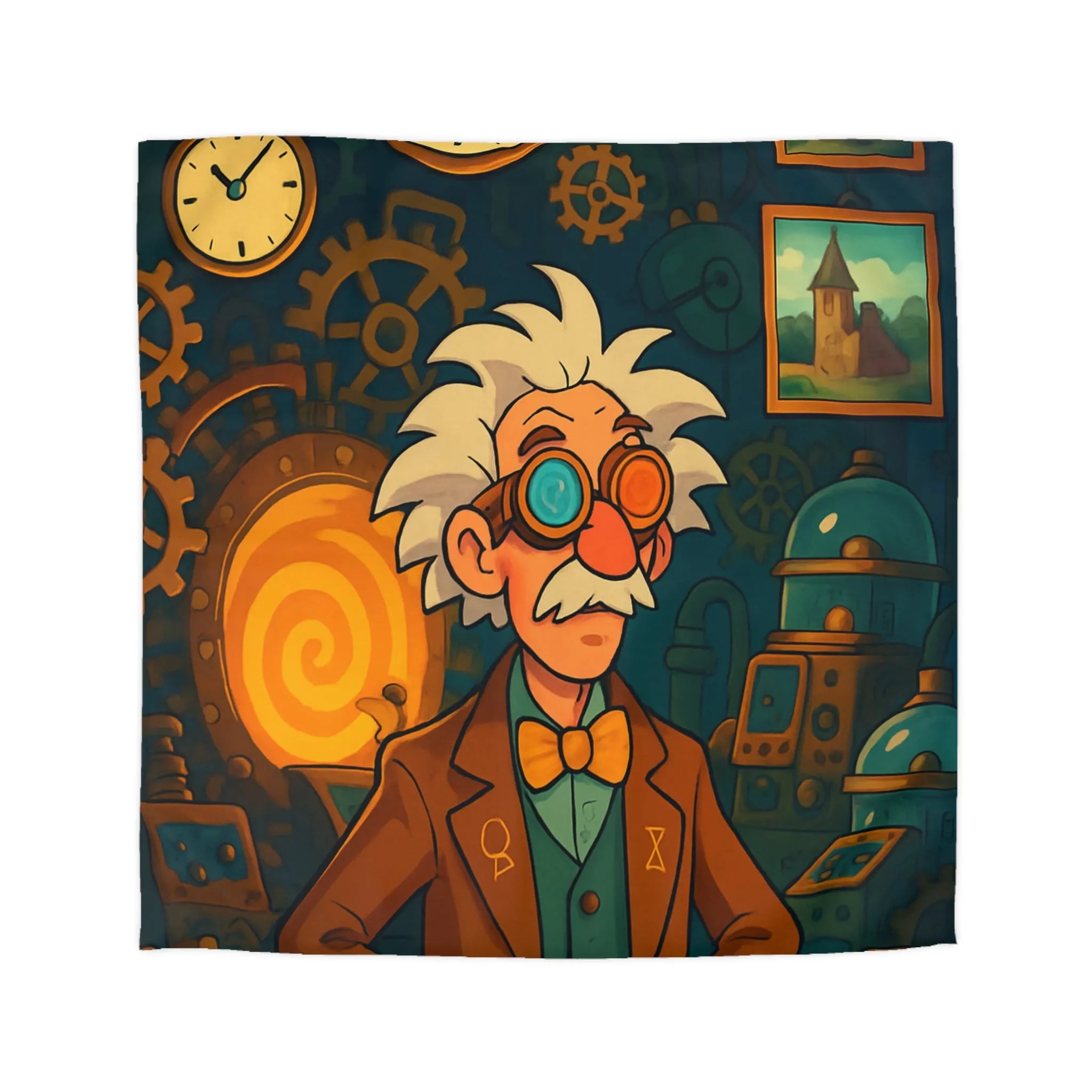 Housse de couette avec horloges mécaniques et inventeur dans un atelier fantastique