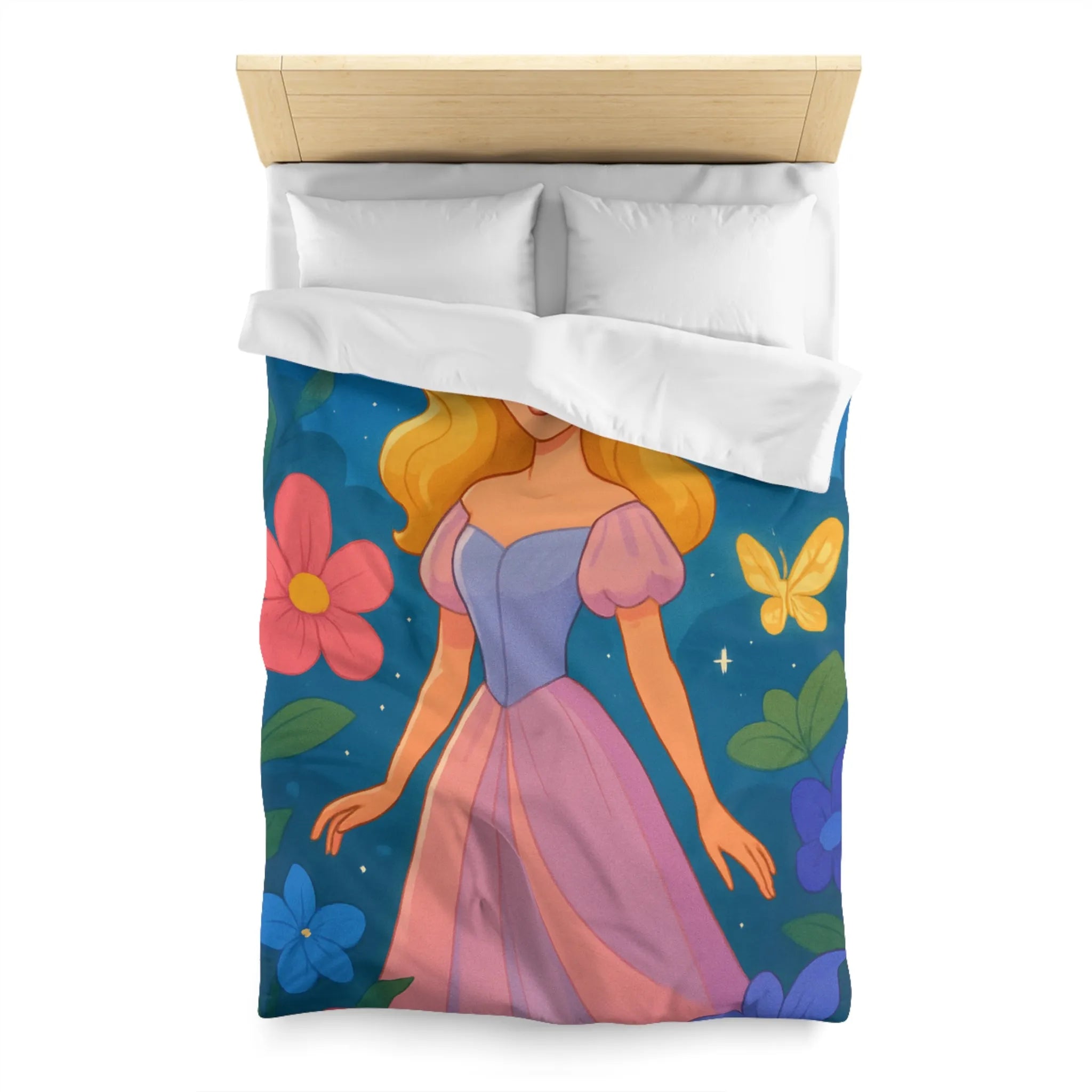 Housse de couette enchantée princesse et château fleurs papillons magique pour chambre enfant
