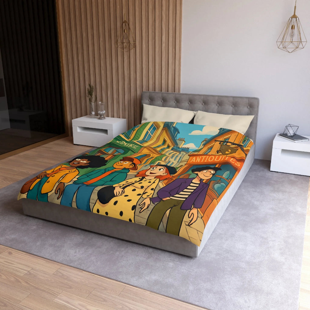 Housse de couette élégante avec design de rue parisienne animée et jeunes explorateurs