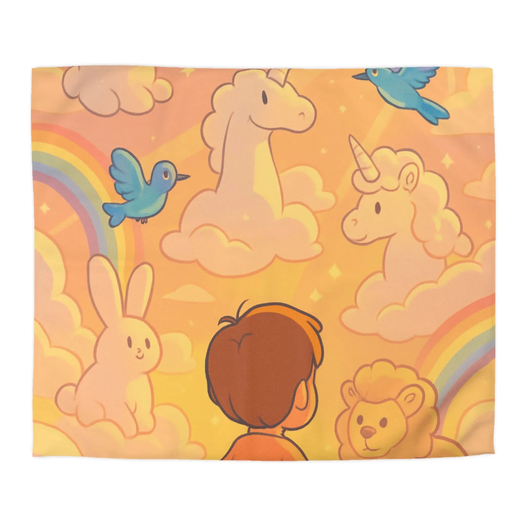 Housse de Couette Enfantine avec Licornes, Lapins et Oiseaux dans les Nuages Pastels