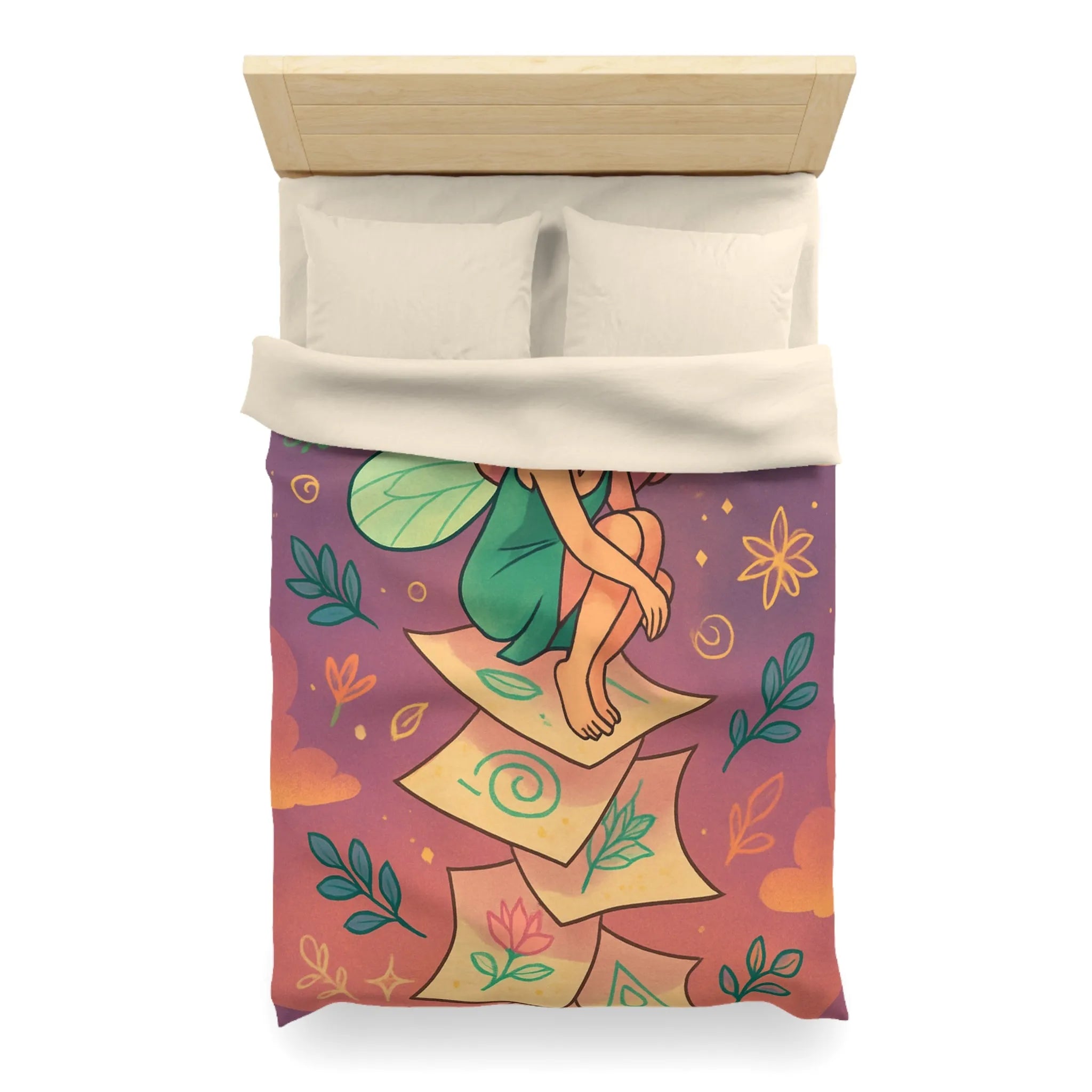 Housse de couette féerique avec fée aux ailes vertes et motifs floraux enchanteurs