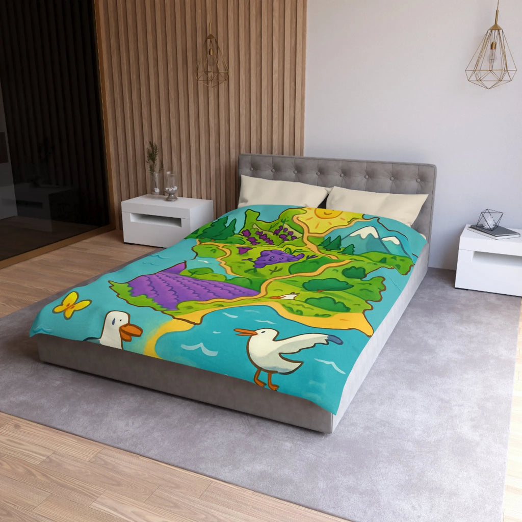 Carte colorée de France illustrée avec paysage ensoleillé et animaux adorables