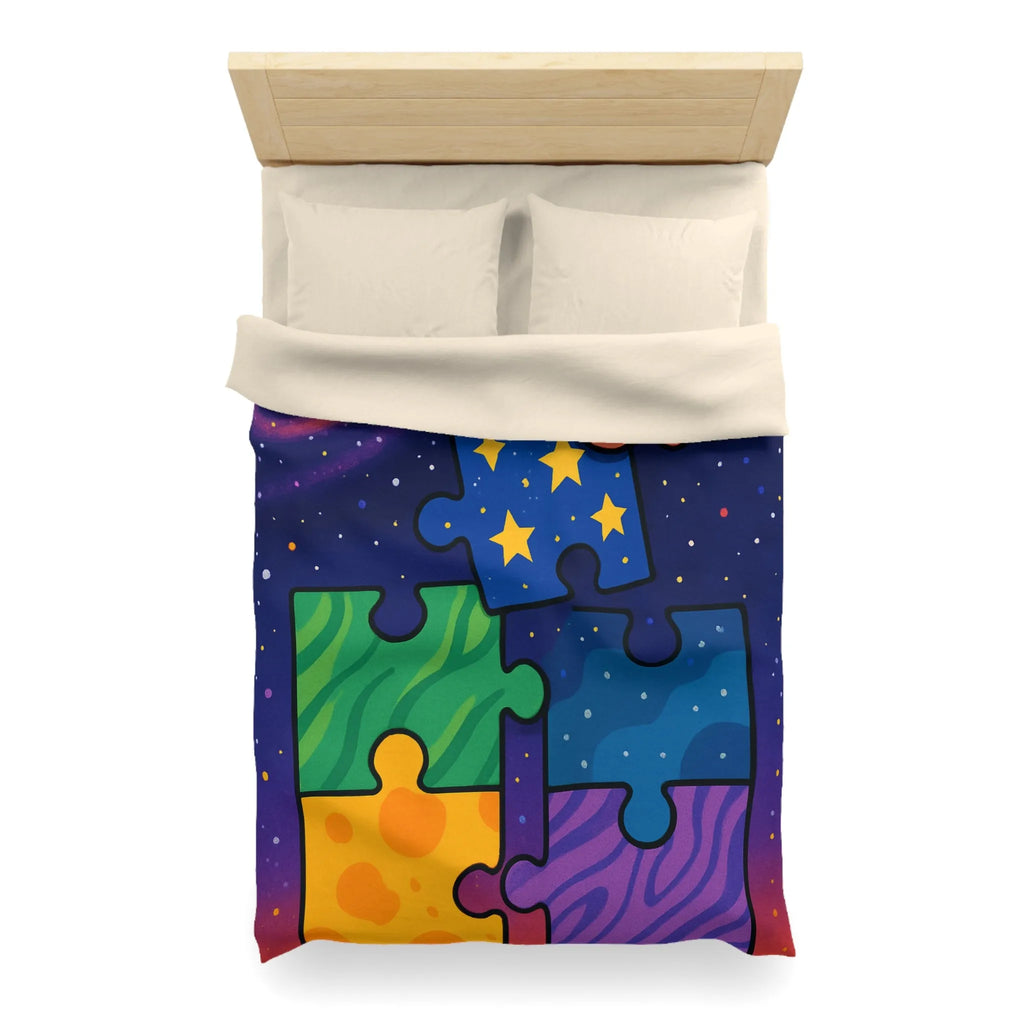 Housse de couette colorée avec motifs puzzle vibrants et design cosmique étoilé