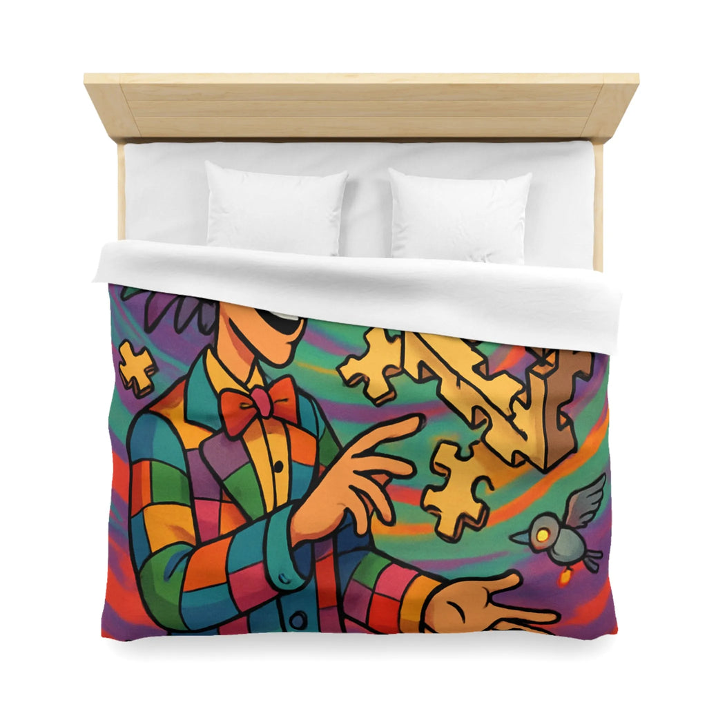 Housse de couette colorée avec illusion d'optique géométrique et motif de clown vibrant