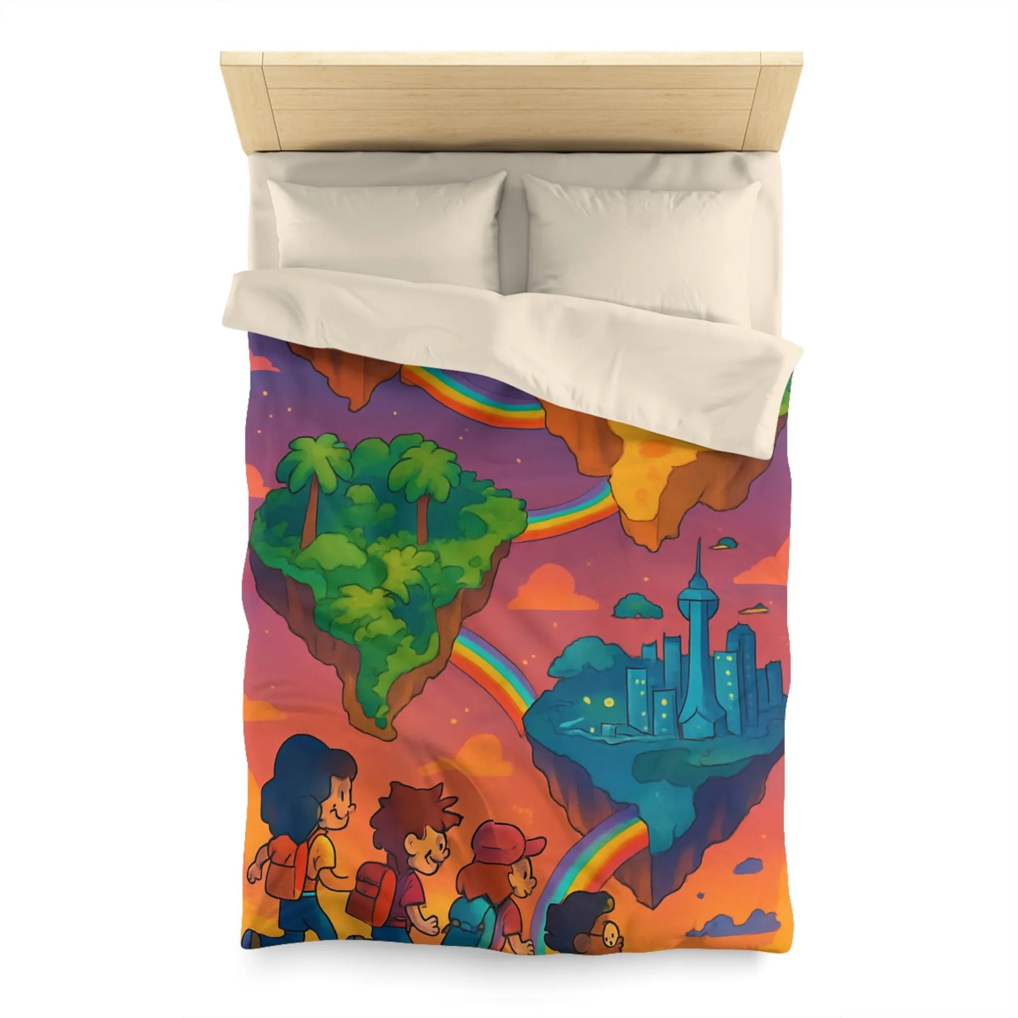 Housse de couette avec univers magique flottant pour chambre d'enfant colorée arc-en-ciel