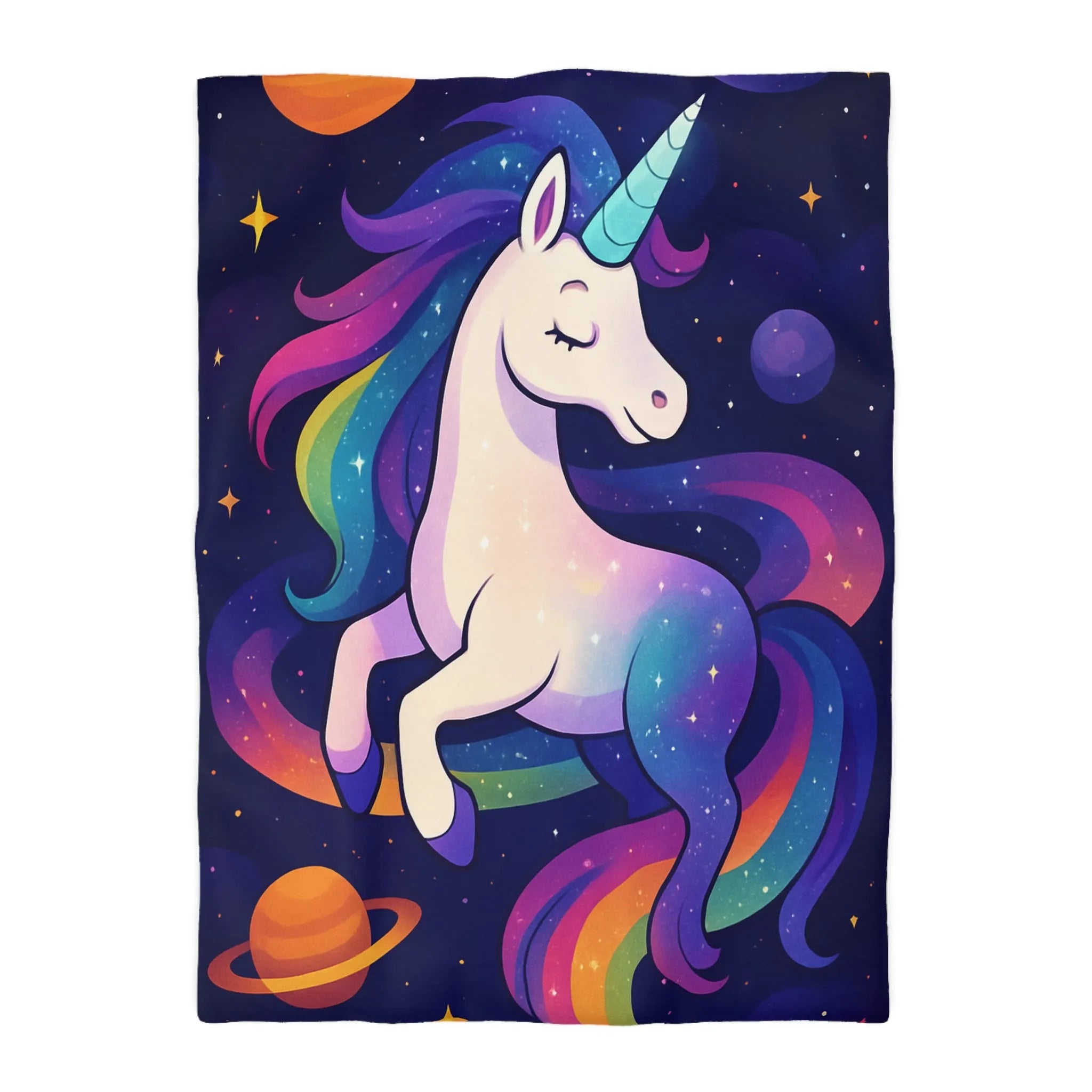Housse de couette féerique avec licorne et planètes dans un ciel étoilé vibrant
