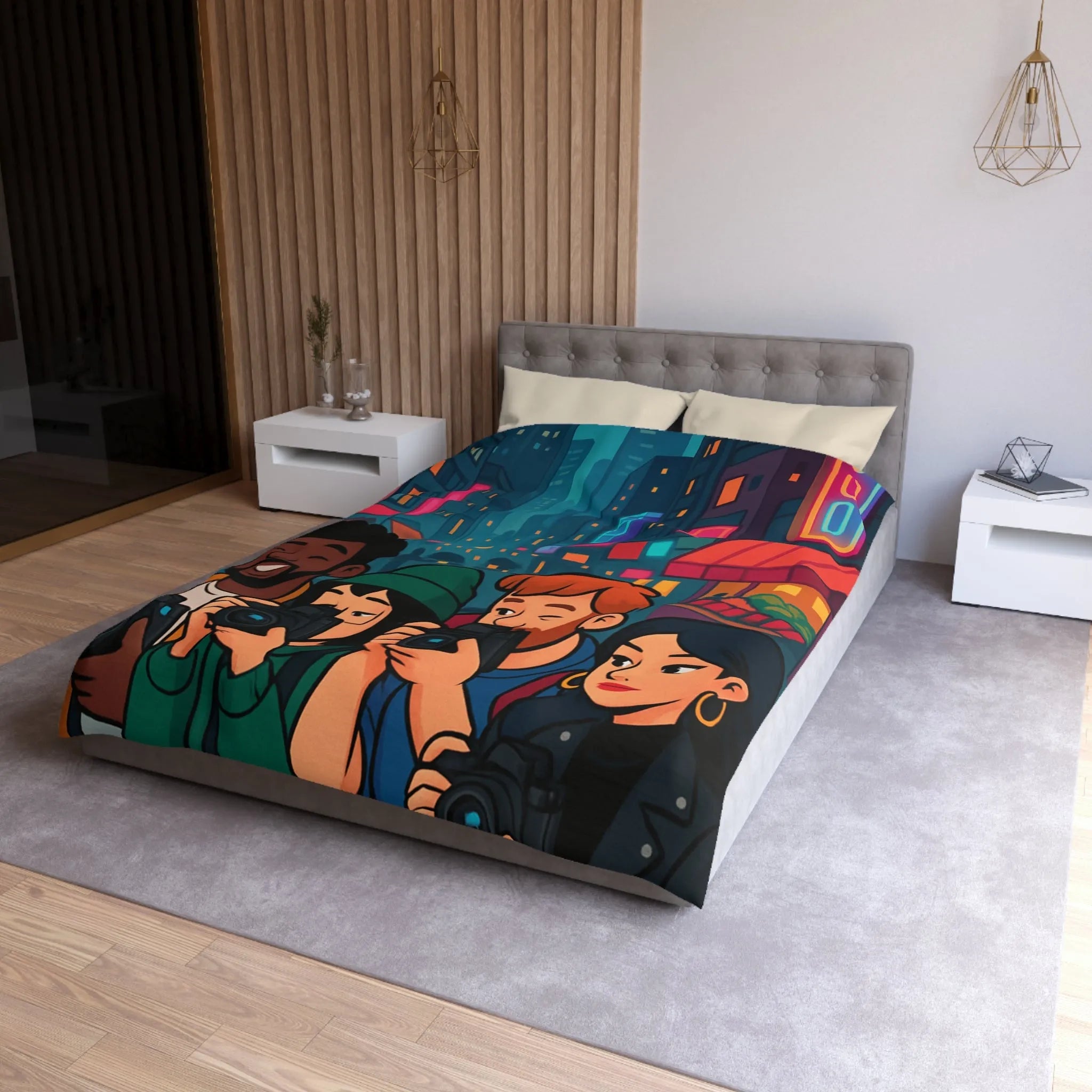 Housse de couette avec photographe urbain, design moderne et ambiance néon vibrante