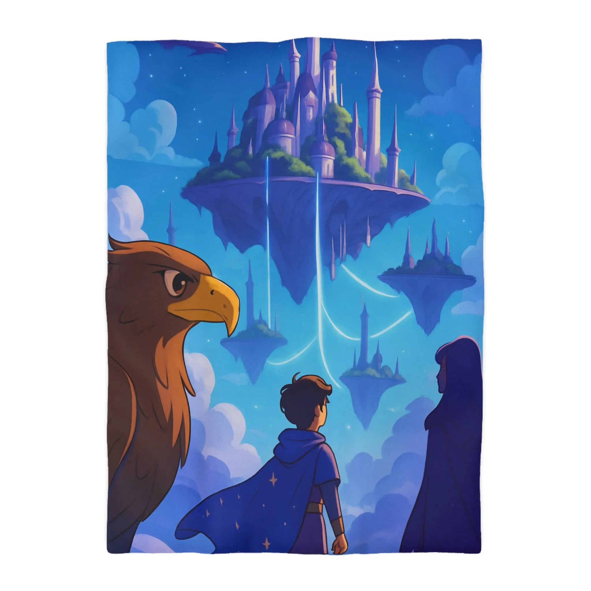 Épopée magique avec château flottant, ciel étoilé et créatures fabuleuses enchante une pièce