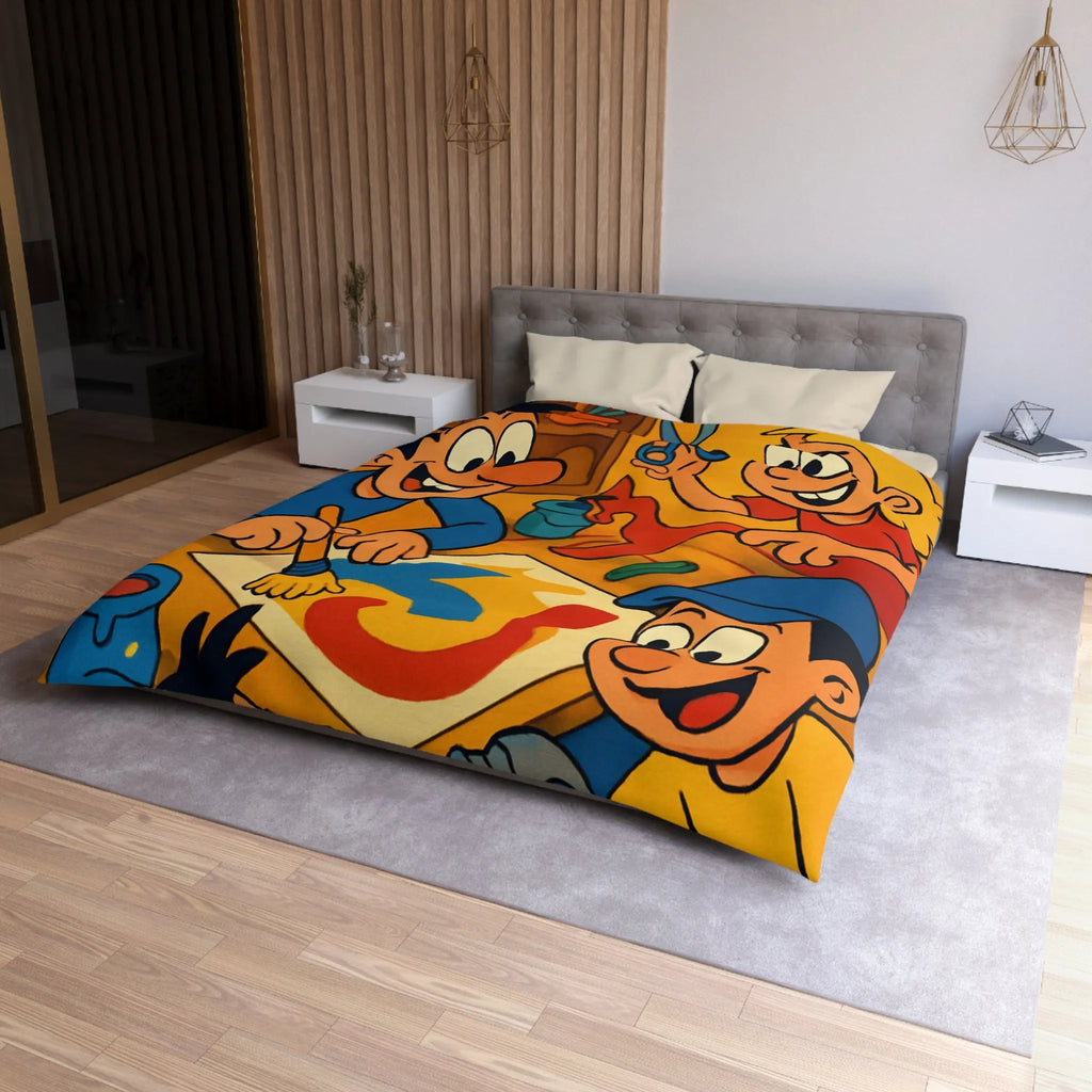 Housse de couette coloriée ludique avec enfants joyeux peignant et créant ensemble dans atelier