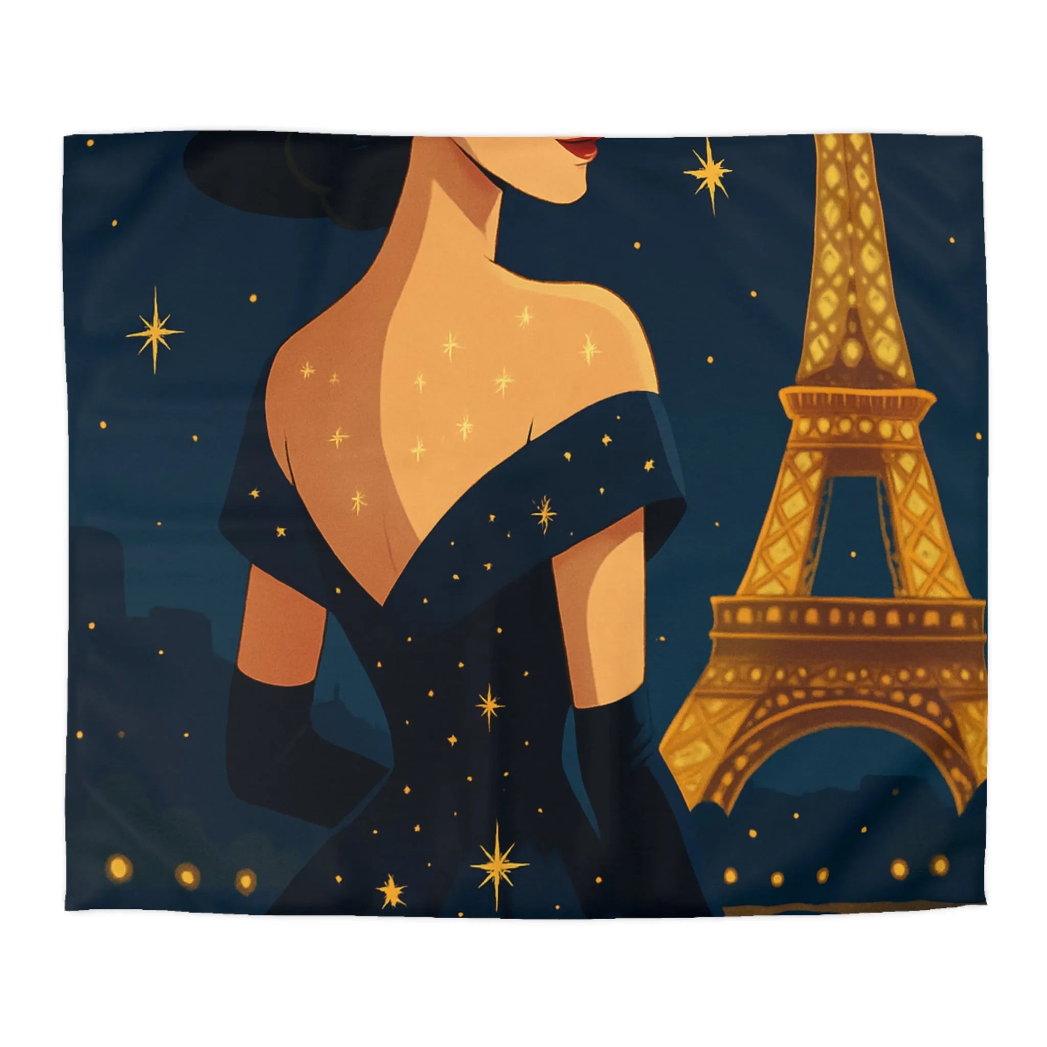 Élégante illustration nocturne femme en robe étoilée avec Tour Eiffel lumineuse