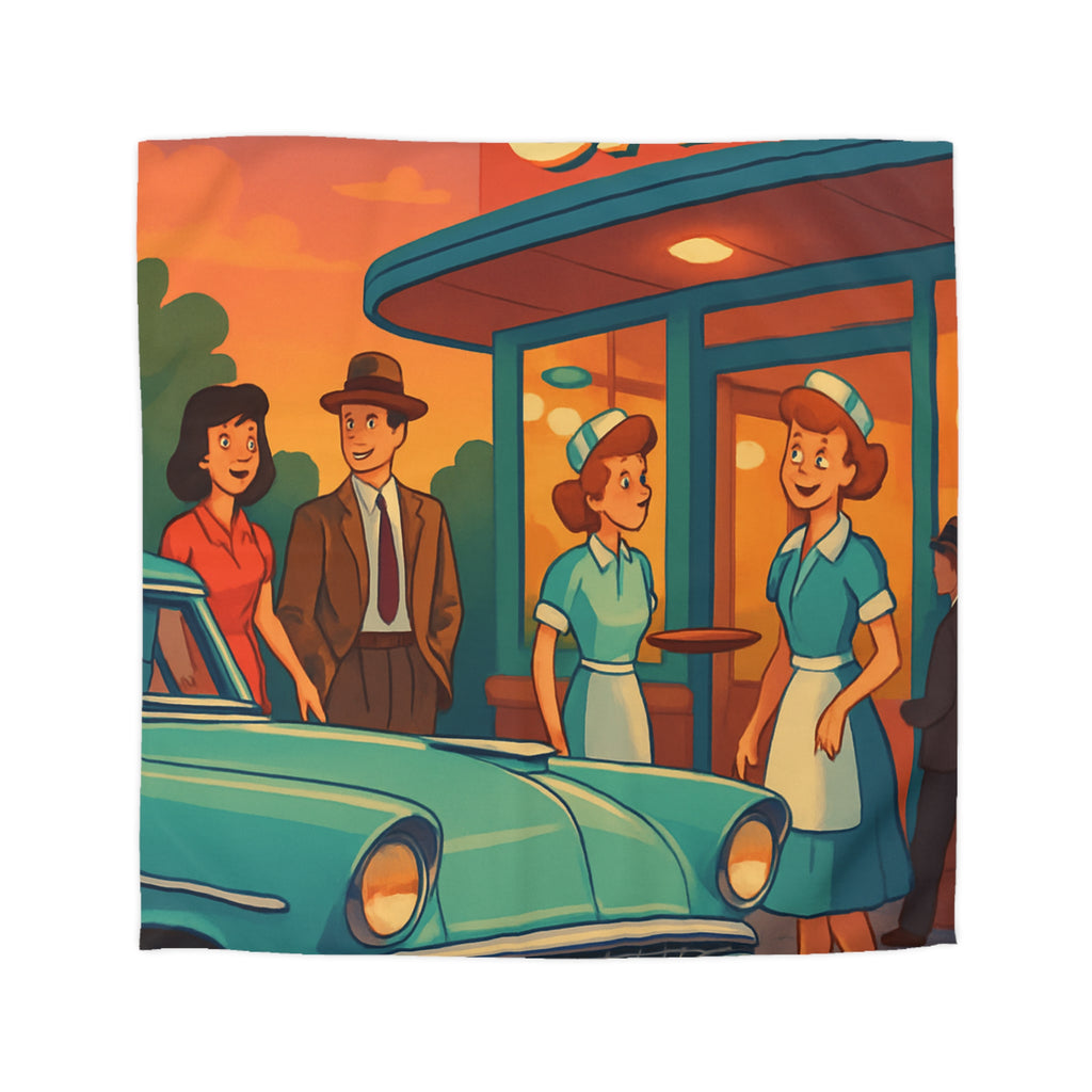 Housse de couette rétro avec illustration de café américain et voiture vintage