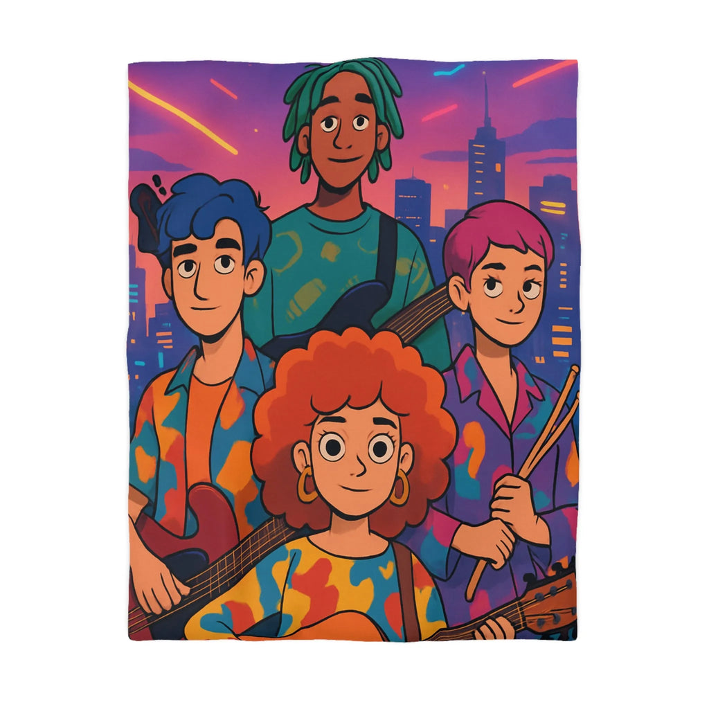 Housse de couette colorée avec groupe de musiciens devant un paysage urbain nocturne