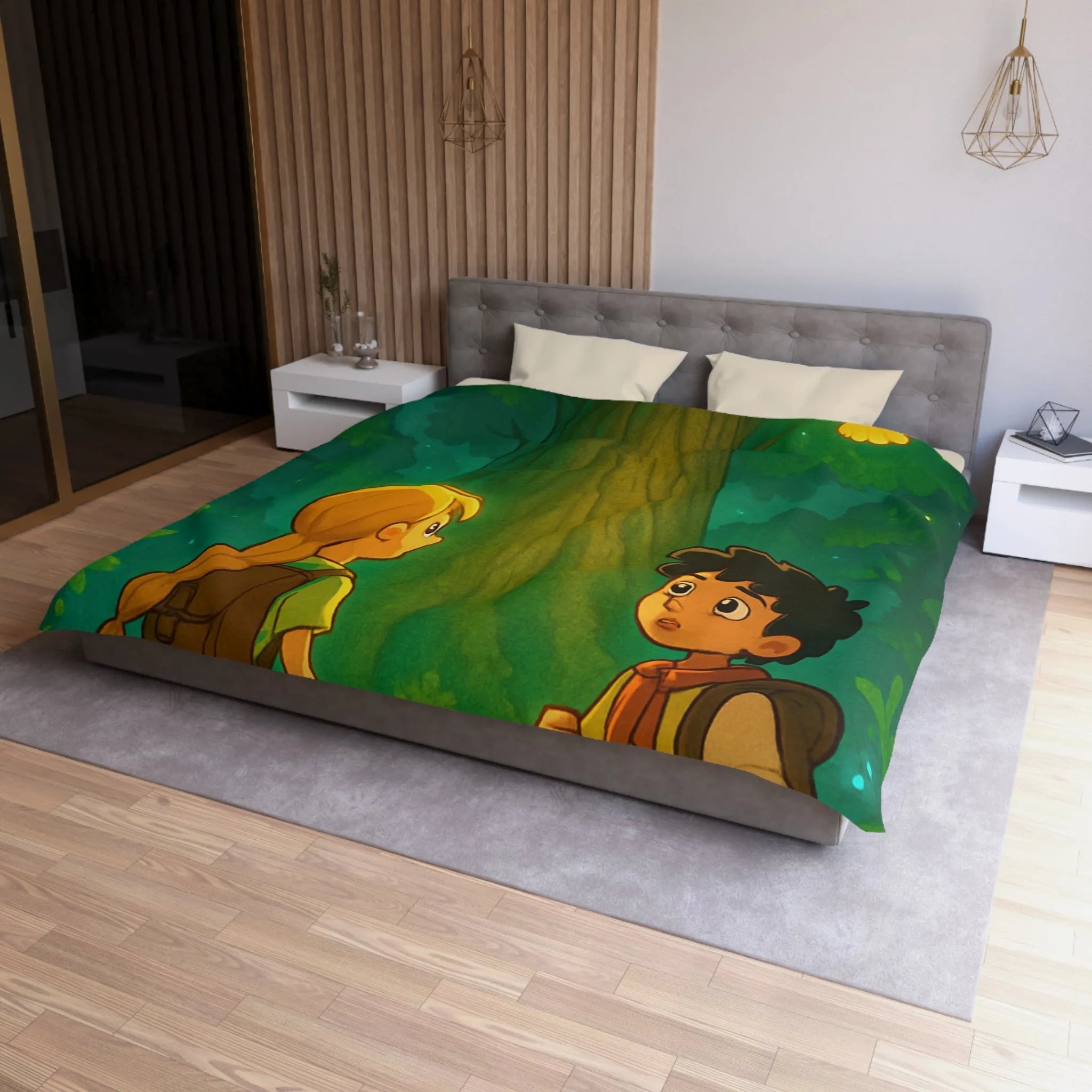 Housse de couette forêt enchantée avec enfants, renard et hibou lumineux