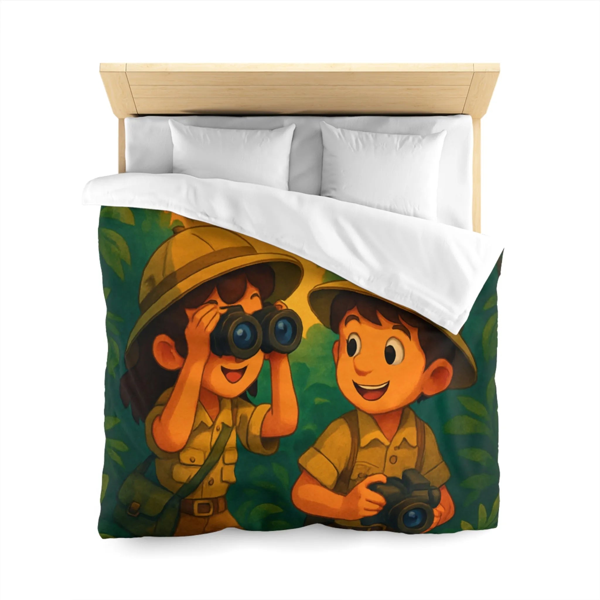 Housse de couette jungle colorée avec enfants explorateurs, perroquet et éléphant mignon