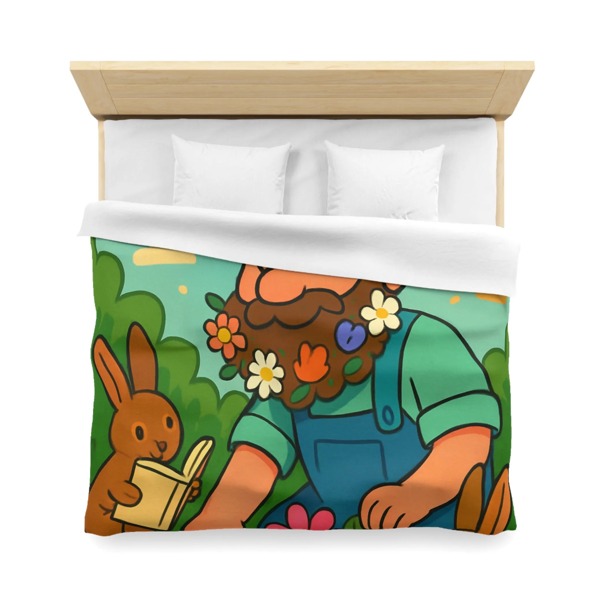 Housse de couette jardin enchanté avec fleurs, lapins et oiseaux colorés pour enfants