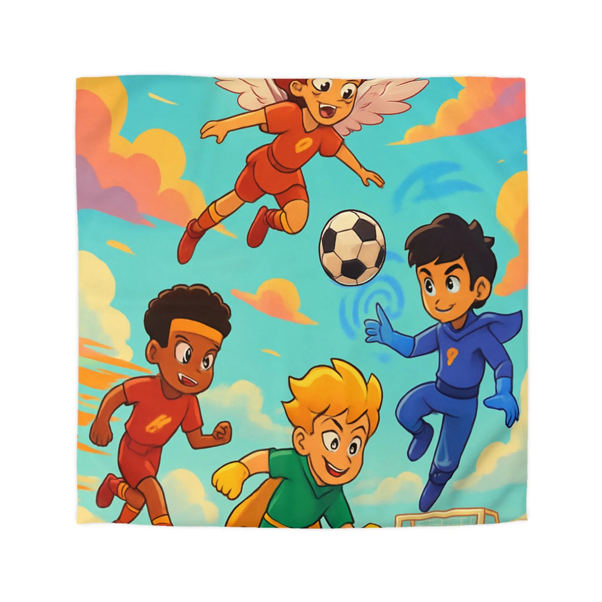 Housse de couette colorée avec enfants jouant au football dans un style cartoon céleste