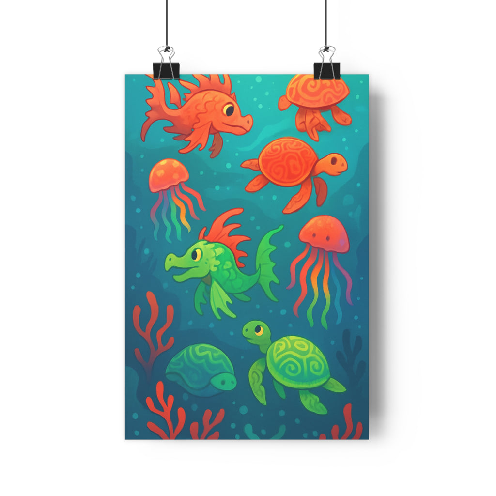 Poster décoratif coloré cartoon joyeux océan marin créatures chambre enfant bleu rouge corail vibrant