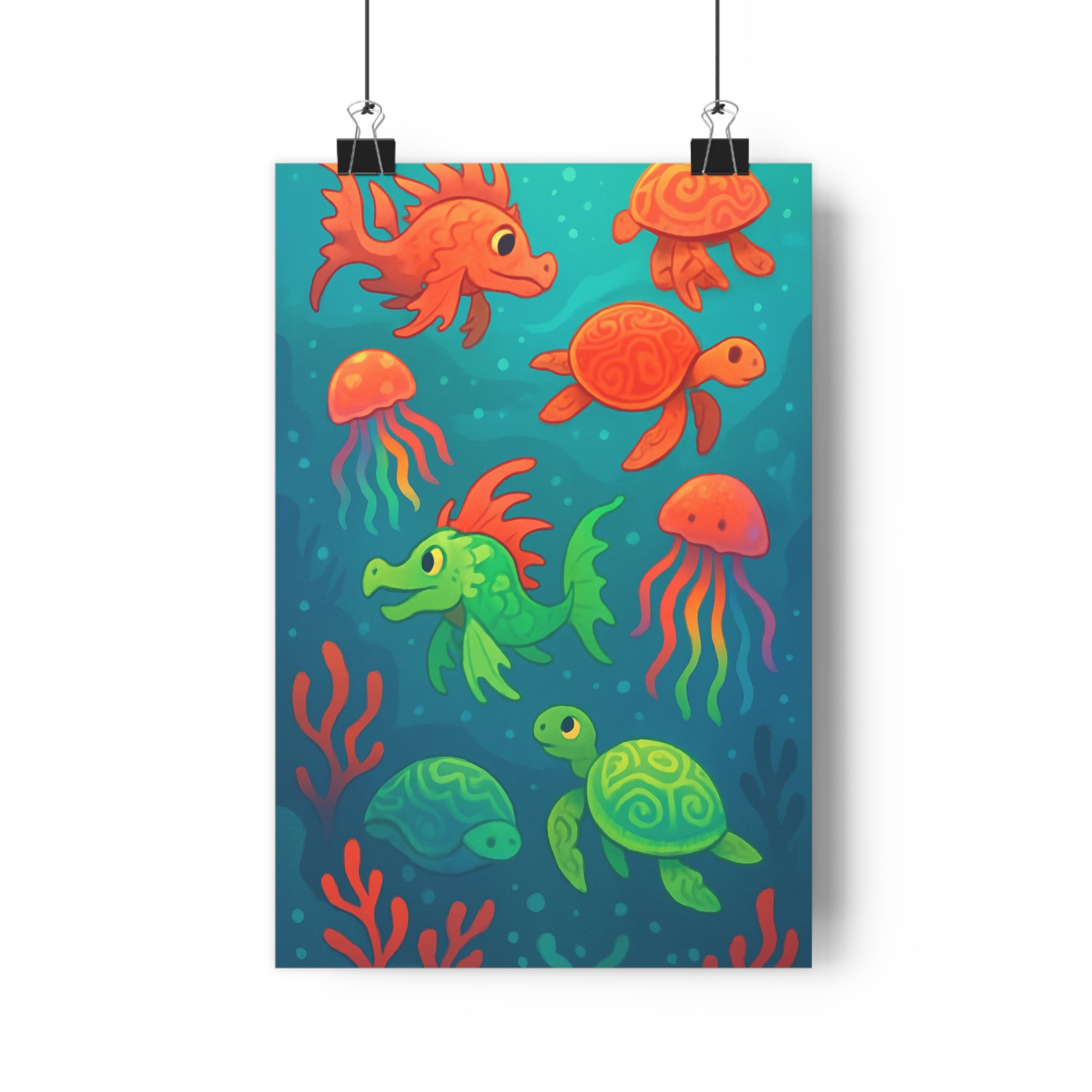 Poster décoratif coloré cartoon joyeux océan marin créatures chambre enfant bleu rouge corail vibrant