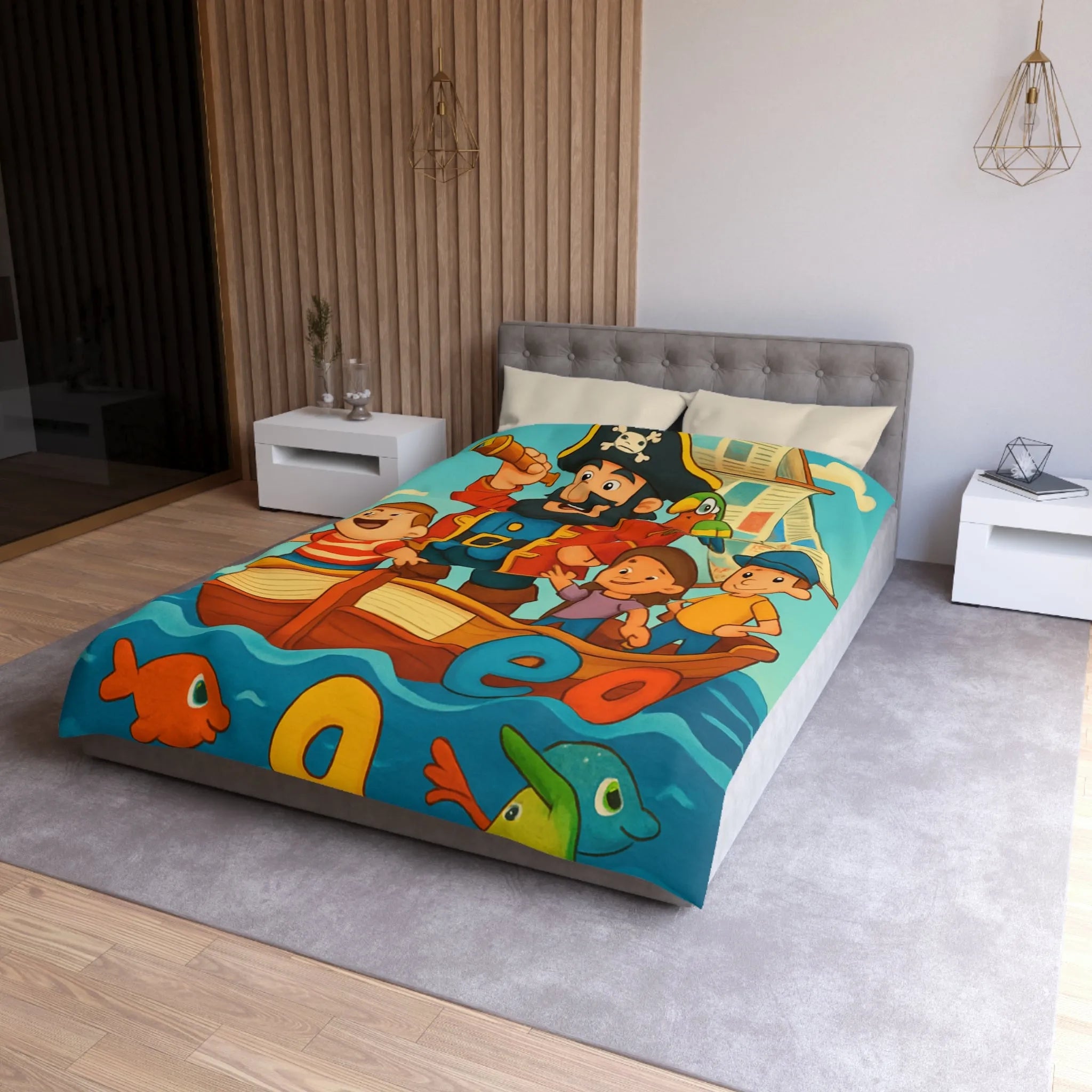 Housse de couette enfant pirate avec voyelles, perroquet et mer colorée