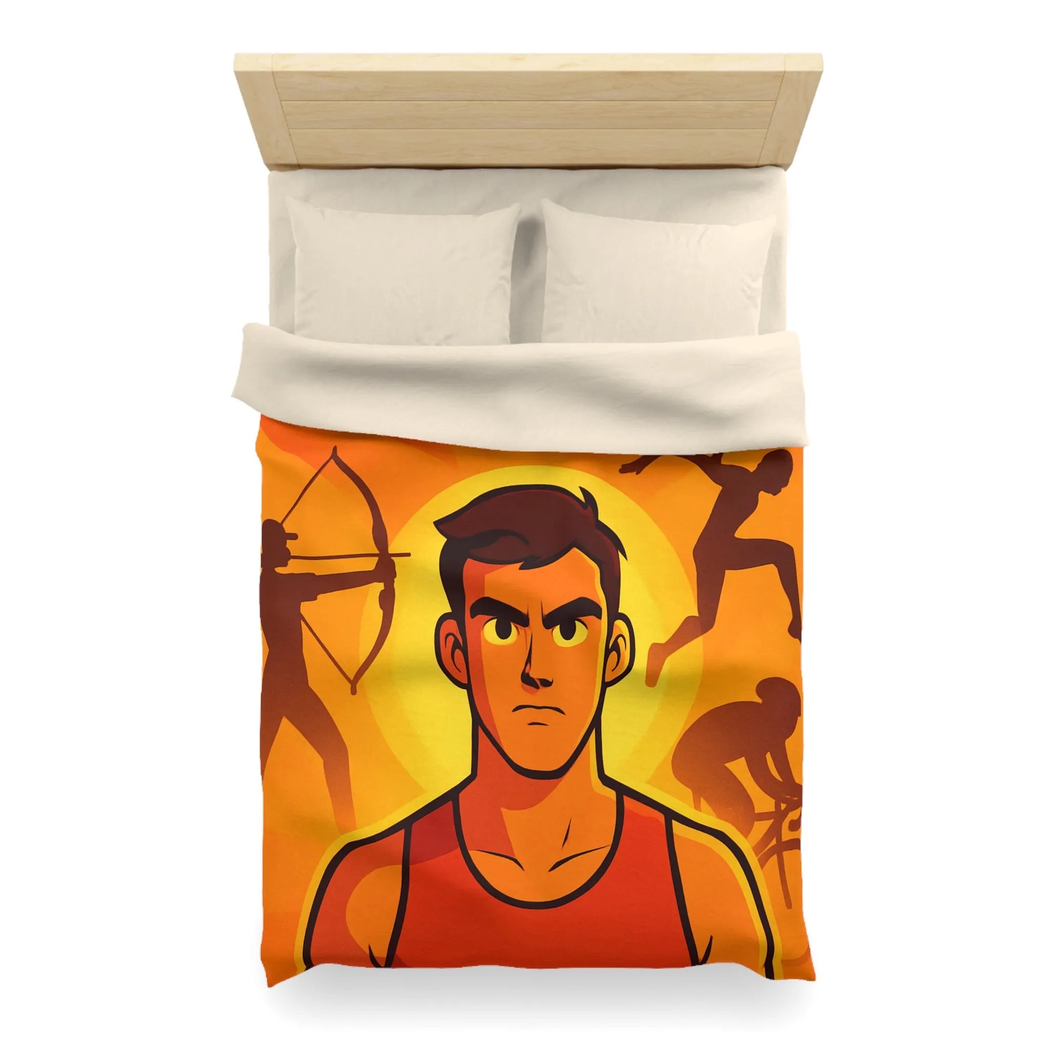 Housse de couette dynamique orange avec motifs sportifs et personnages déterminés en action