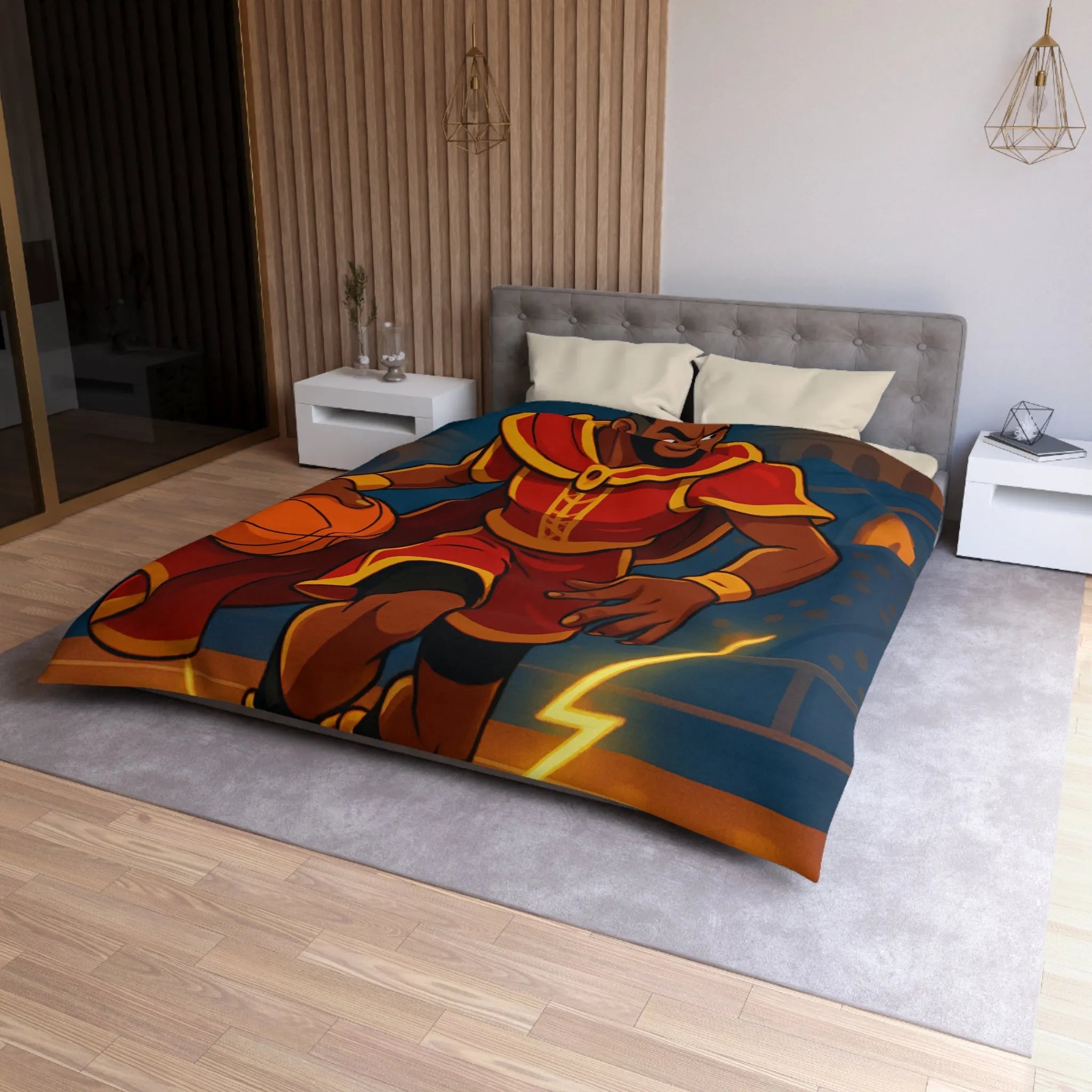 Athlète en Action avec Ballon de Basket dans Arène Lumineuse - Motif Royauté