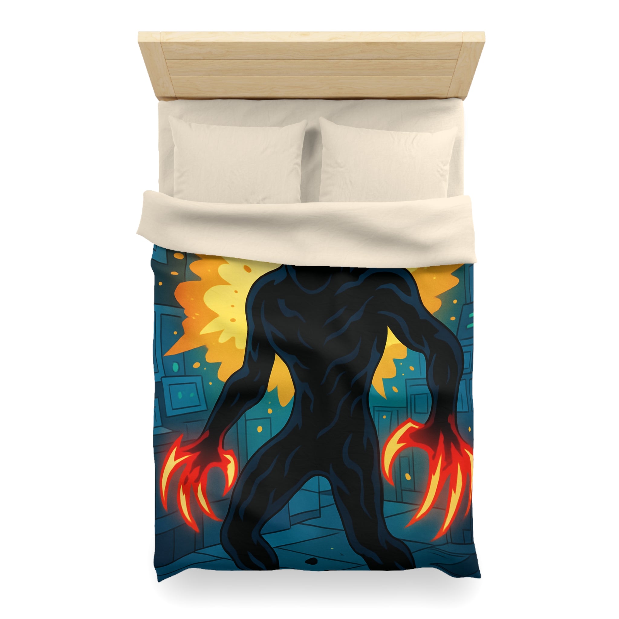 Housse de couette sombre avec créature enflammée aux griffes lumineuses
