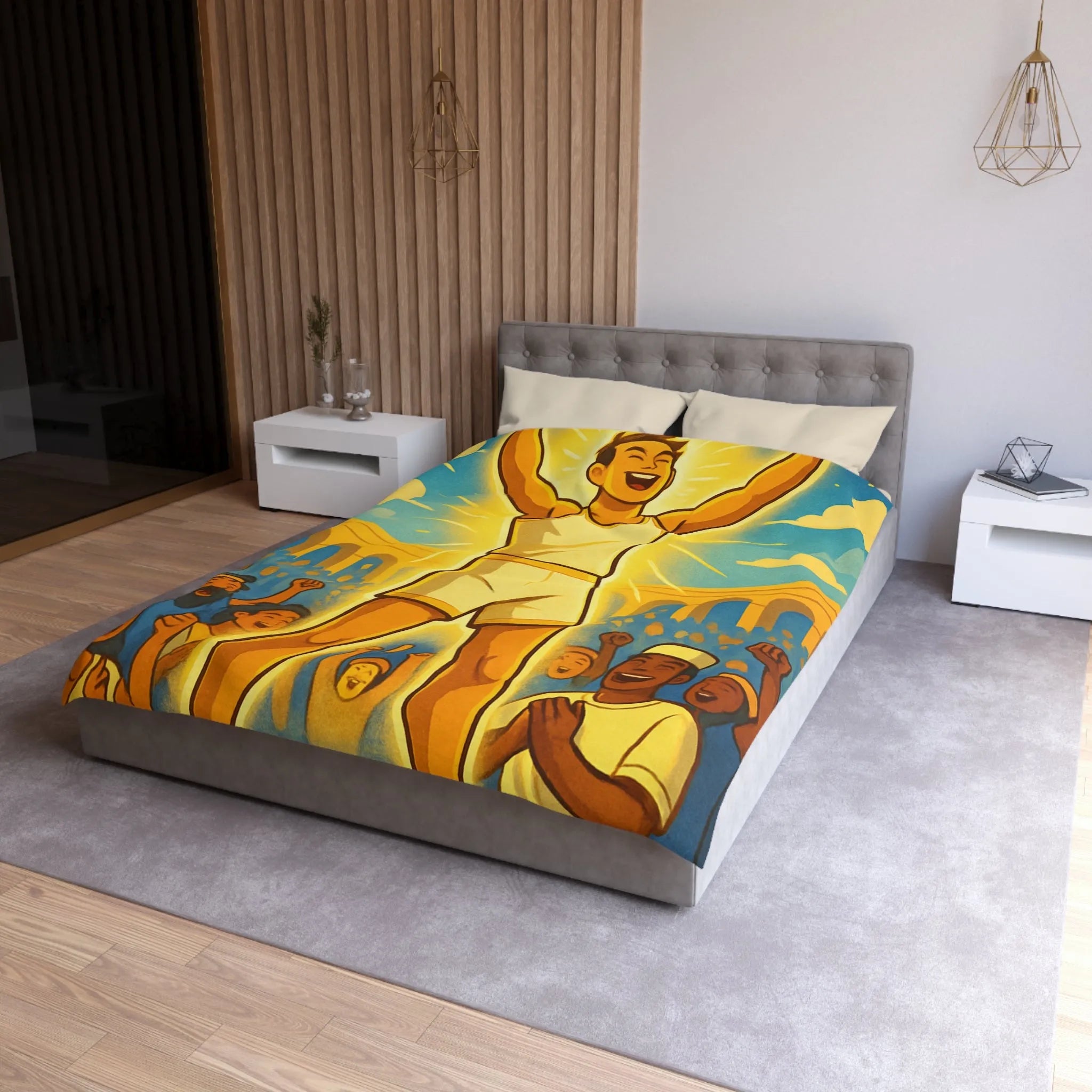 Housse de couette lumineuse avec athlète triomphant dans une arène ensoleillée vibrante