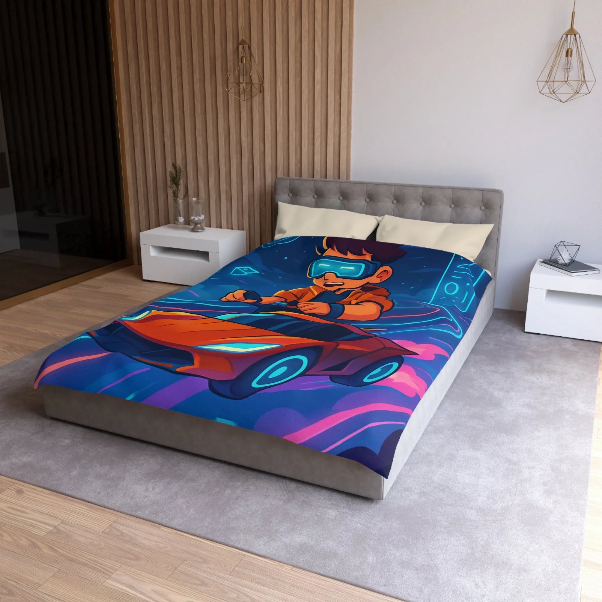 Housse de couette aventure virtuelle : joueur futuriste avec voiture de course dynamique et colorée