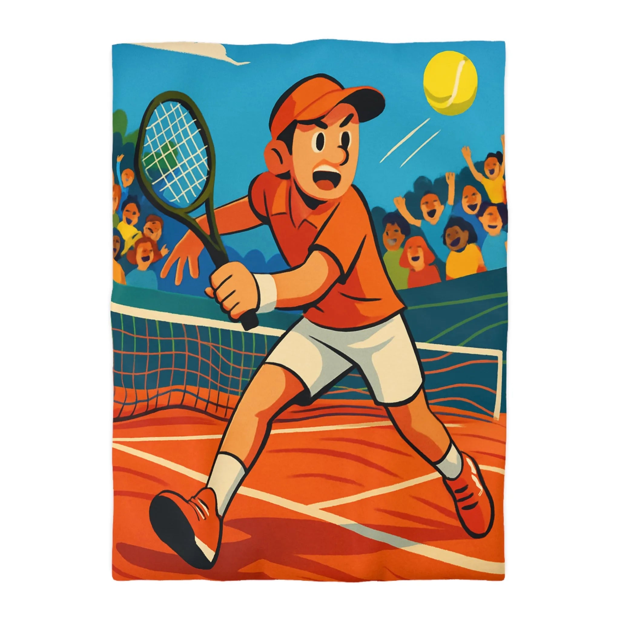 Dessin Animé Joueur de Tennis Dynamique en Action sur Court avec Public Enthousiaste