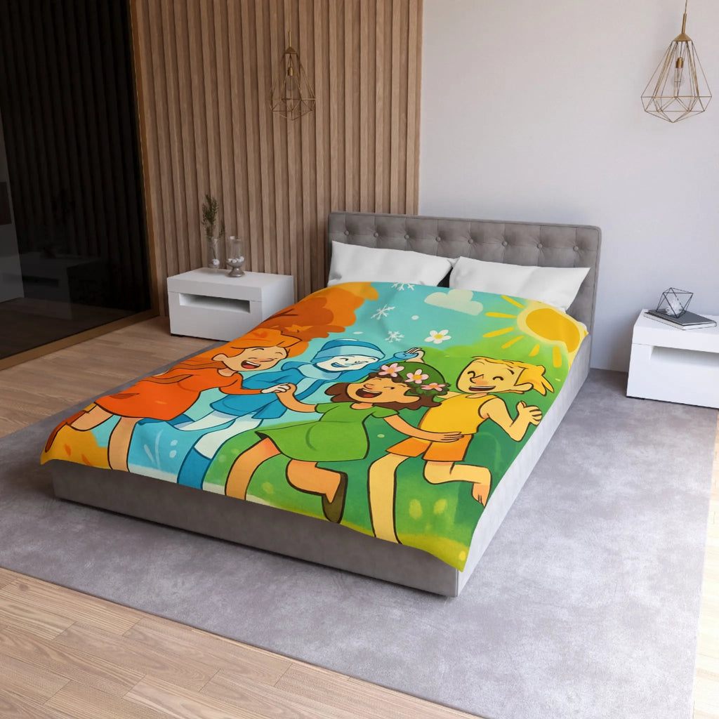 Ensemble saisonnier coloré avec soleil éclatant et personnages joyeux pour chambre lumineuse