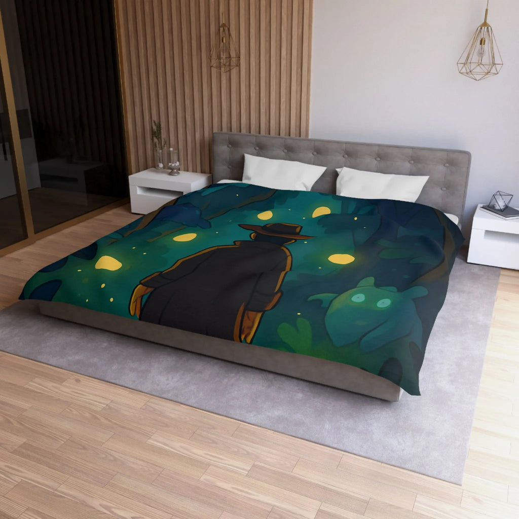 Housse de Couette Forêt Mystique avec Créatures Lumineuses et Promeneur en Chapeau